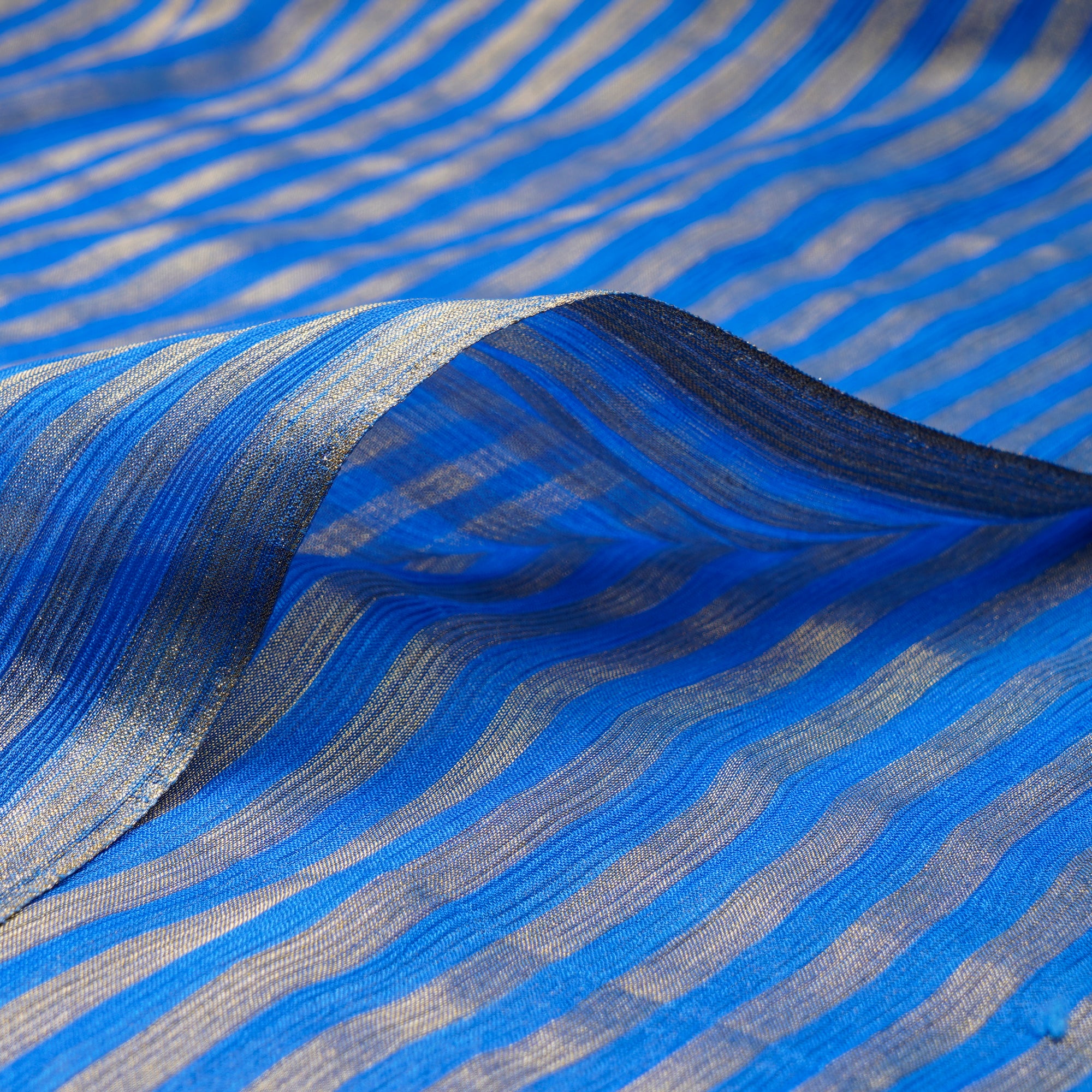 Blue-Golden Color Striped Chiffon Silk Fabric