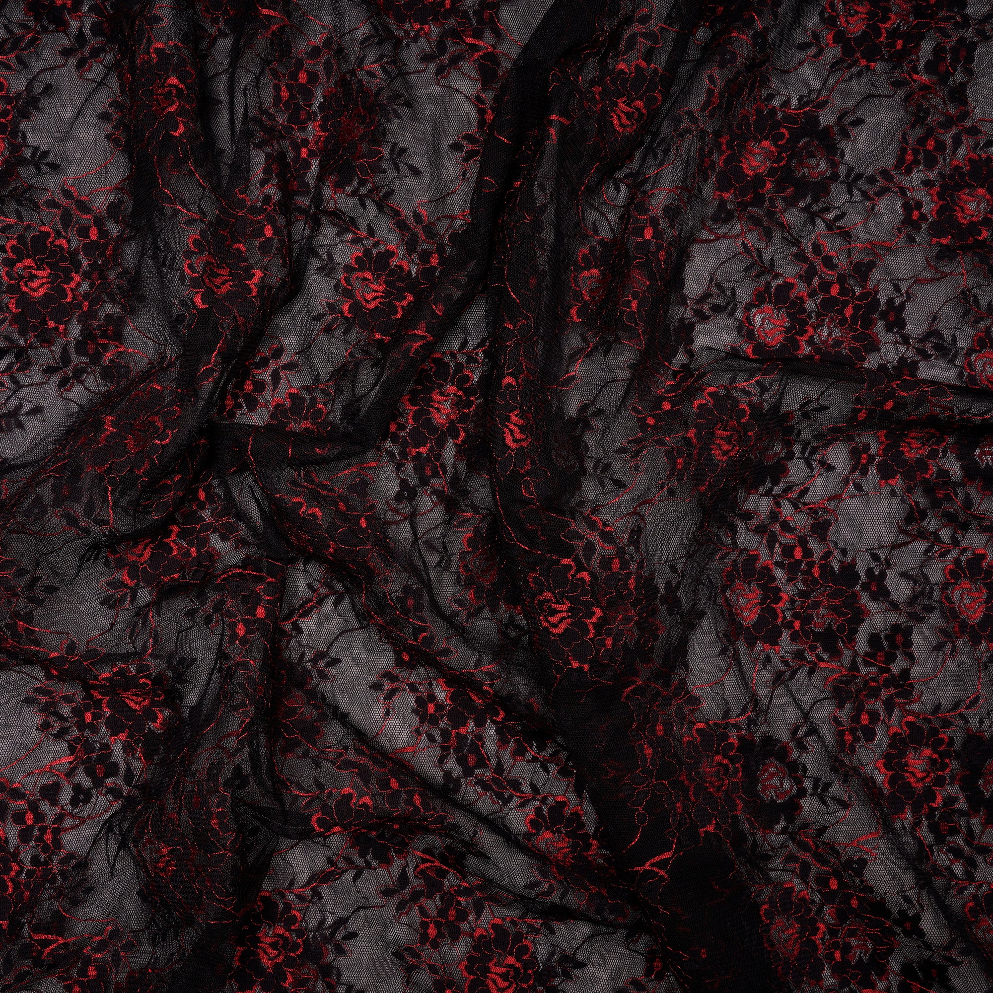 Black-Red Color Embroidered Nylon Net Fabric