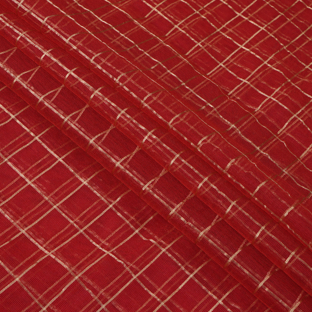 Red Color Zari Checked Net Silk Fabric