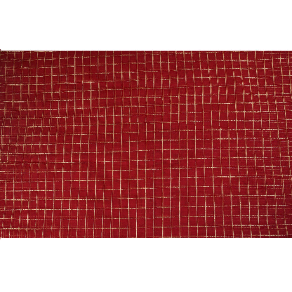 Red Color Zari Checked Net Silk Fabric