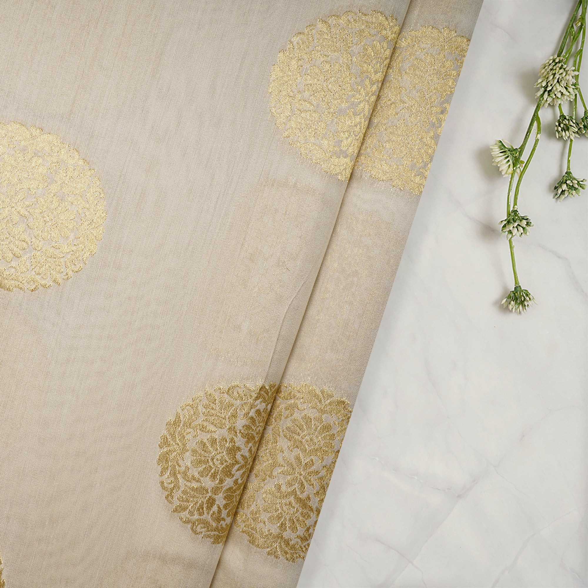 White and Golden Color Chanderi Jacquard Fabric