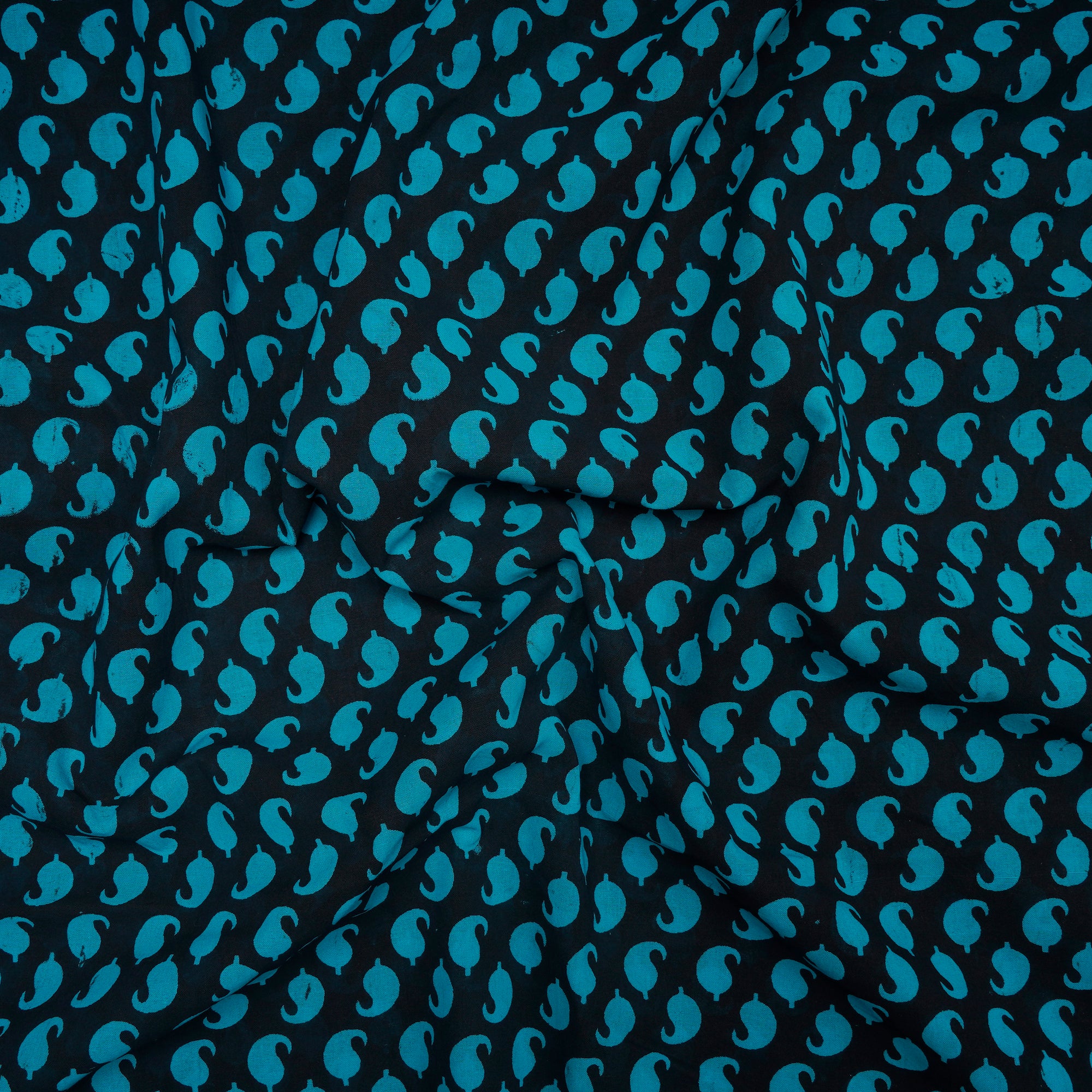 Deep Sky Blue-Black Color Printed High Twisted Cotton Voile Fabric