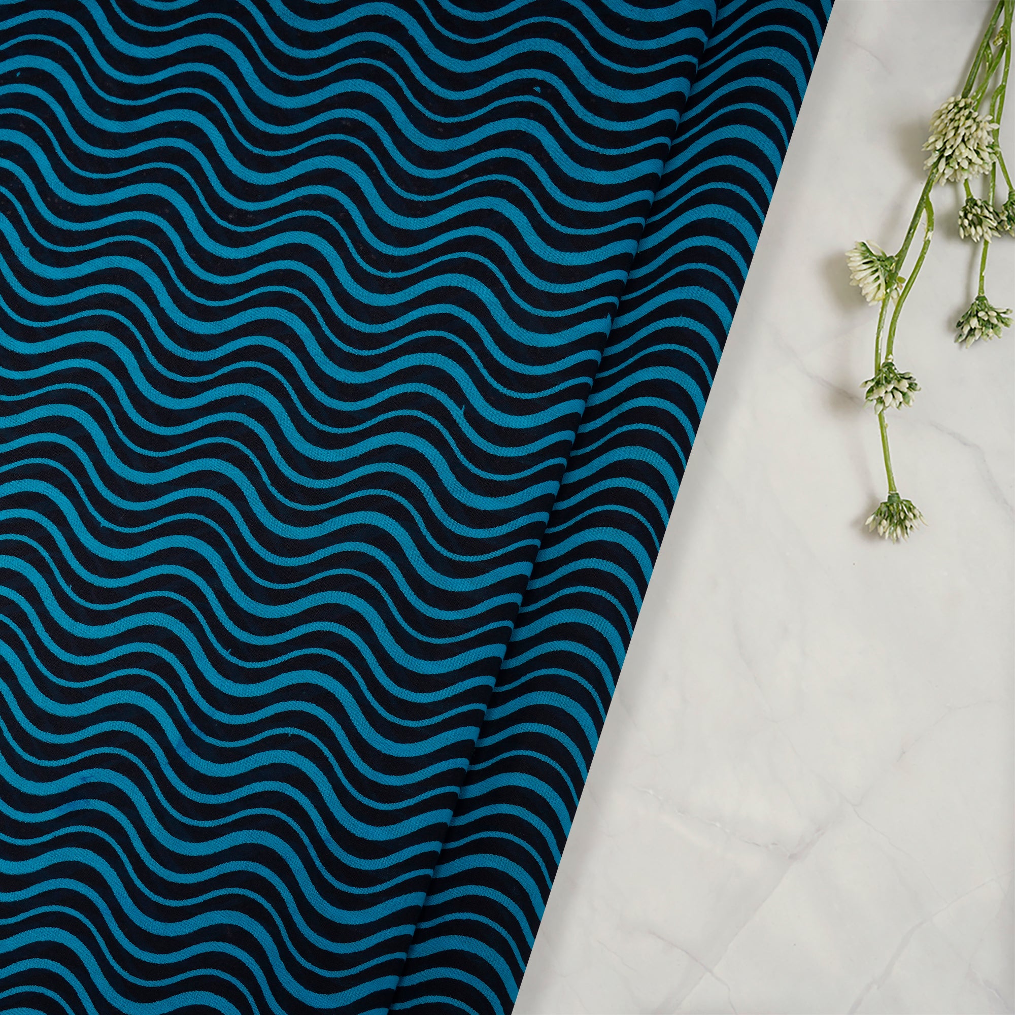 Azure Blue-Black Color Printed High Twisted Cotton Voile Fabric