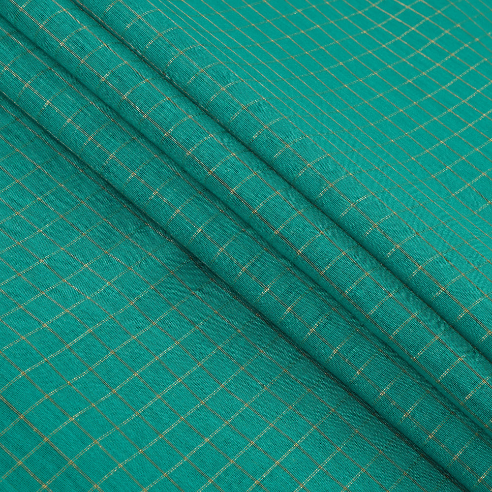 Green Color Zari Checked Cotton Fabric