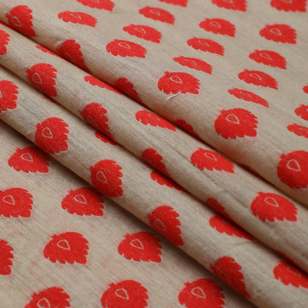 Beige-Red Color Muga Silk Jacquard Fabric