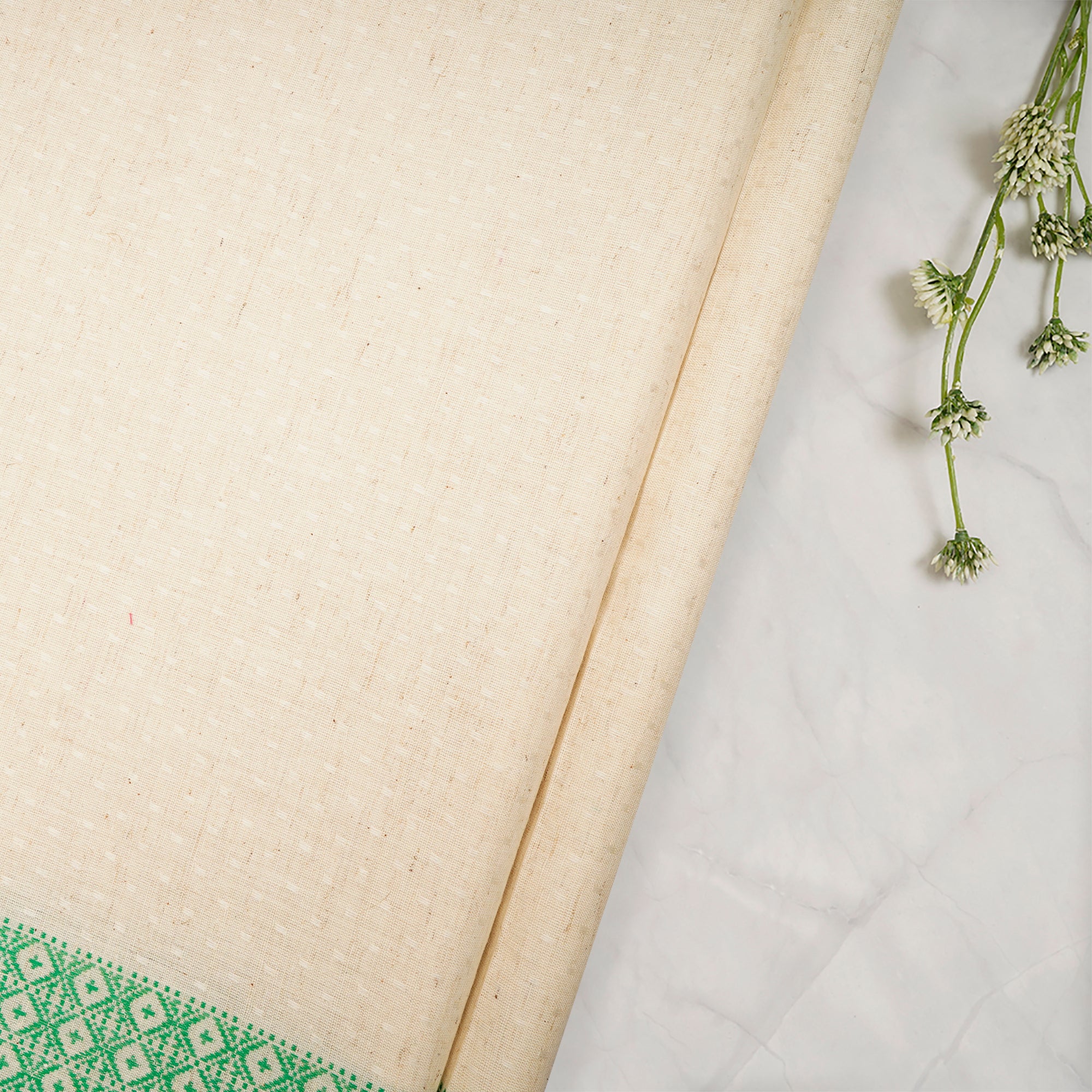 Cream-Green Color Cotton Flax Fabric