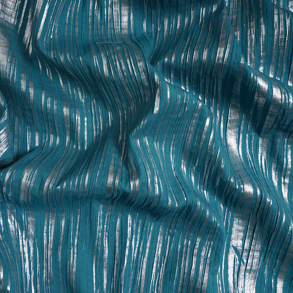 Pacific Blue Color Foil Printed Crushed Cotton Fabric