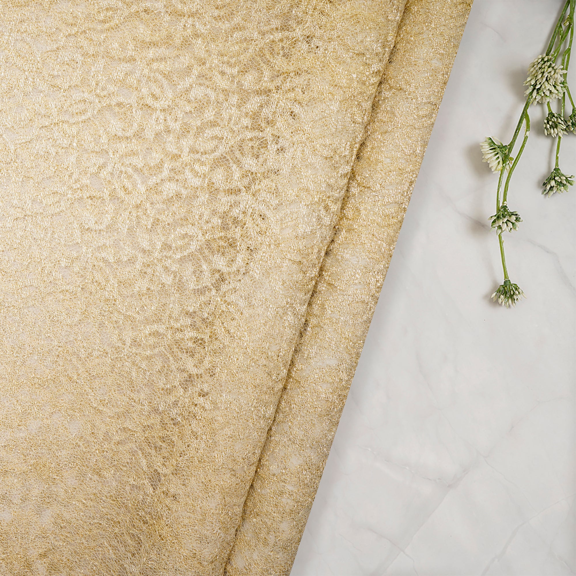 Off White-Golden Color Nylon Net Jacquard Fabric