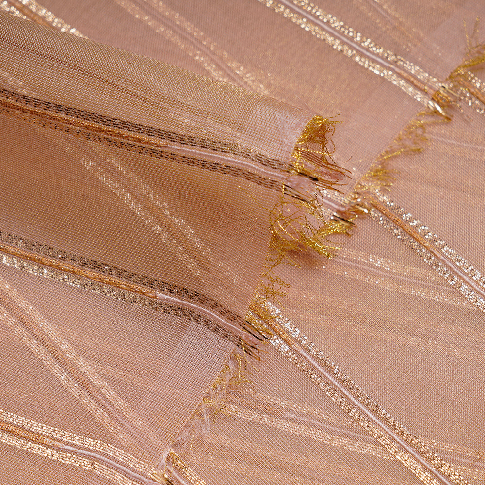 Peach Color  Zari Striped Viscose Tissue Fabric
