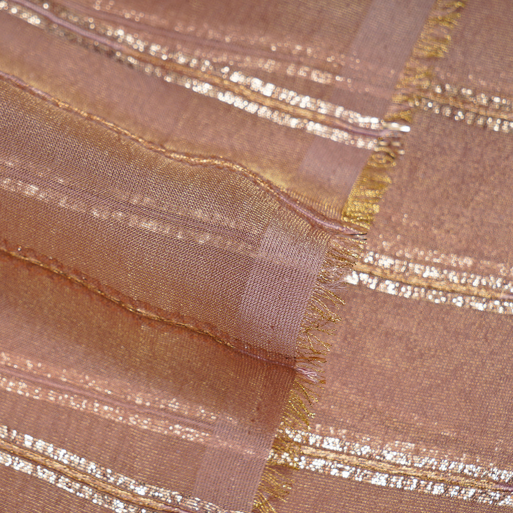 Deep Peach Color Zari Striped Viscose Tissue Fabric