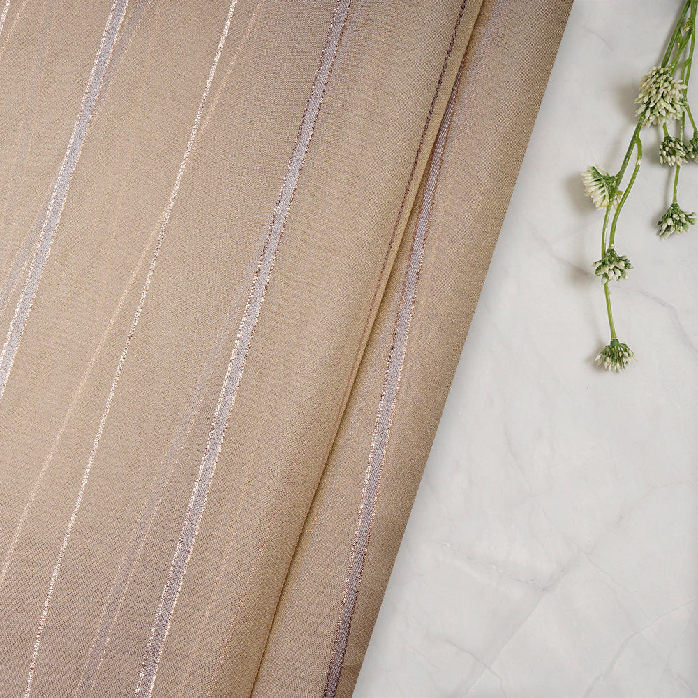Cream-Gold Stripe Pattern Fancy Viscose Organza Tissue Fabric