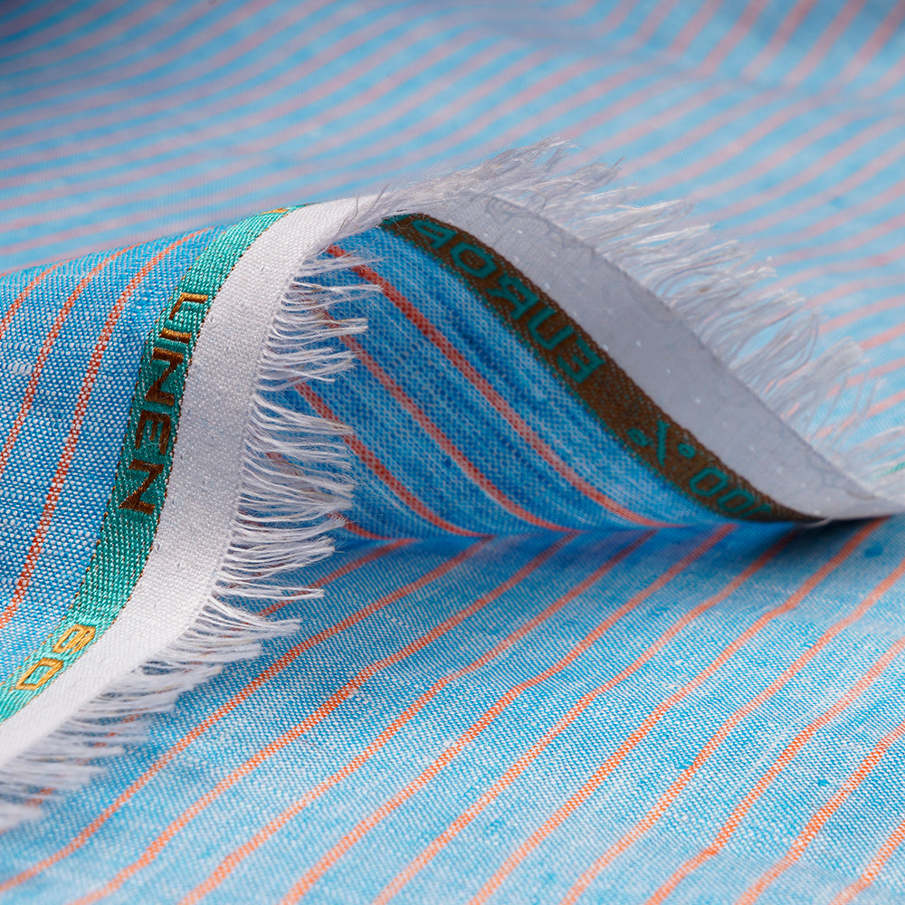 Blue Color Striped Pattern Yarn Dyed Pure Fine Linen Fabric