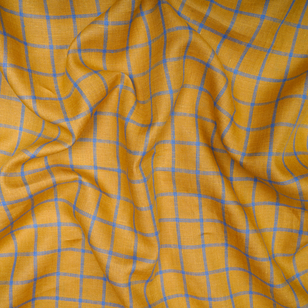 Mustard Color Check Pattern Yarn Dyed Pure Fine Linen Fabric