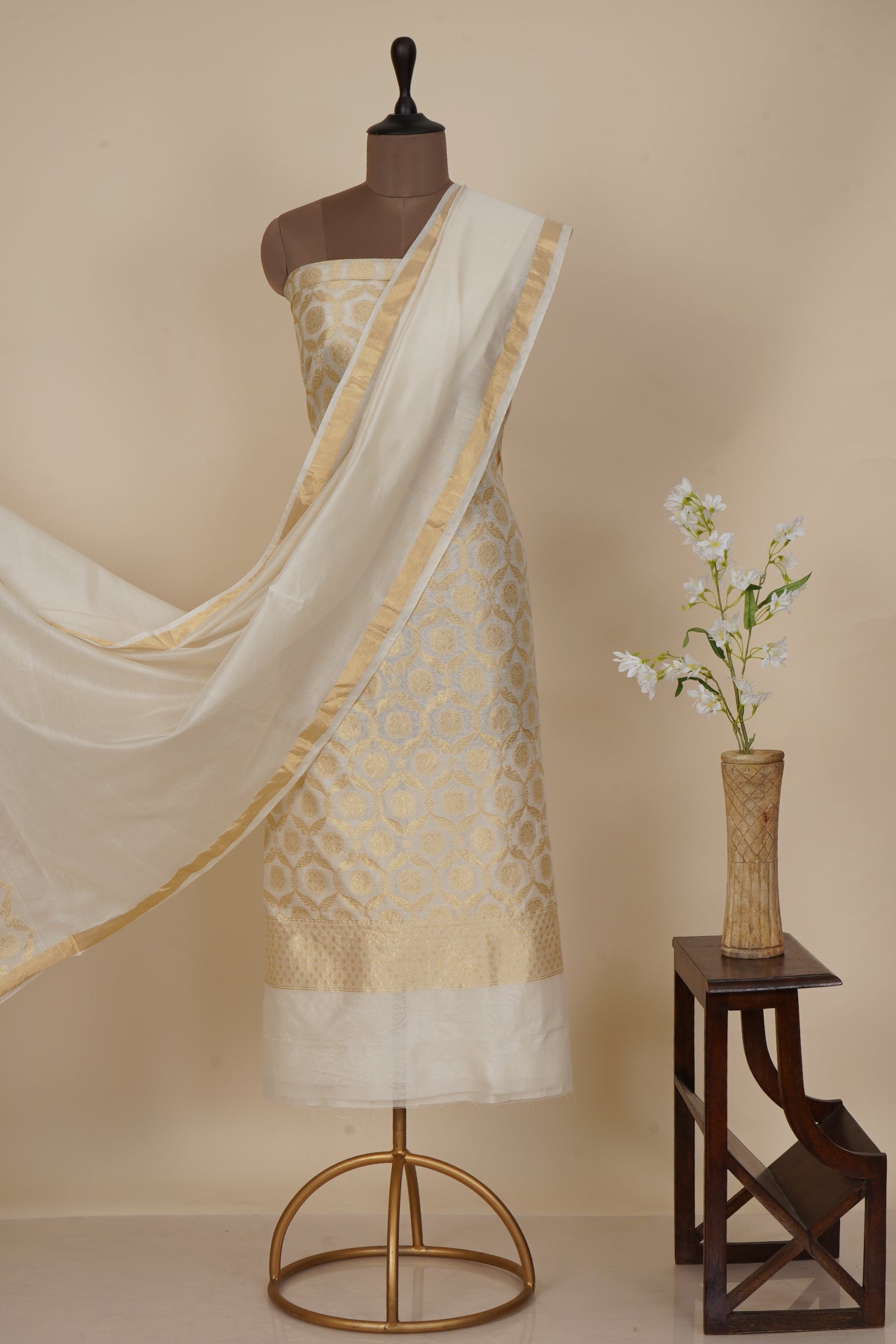 Off White Color Banarasi Chanderi Unstitched Suit Set (Top & Dupatta)