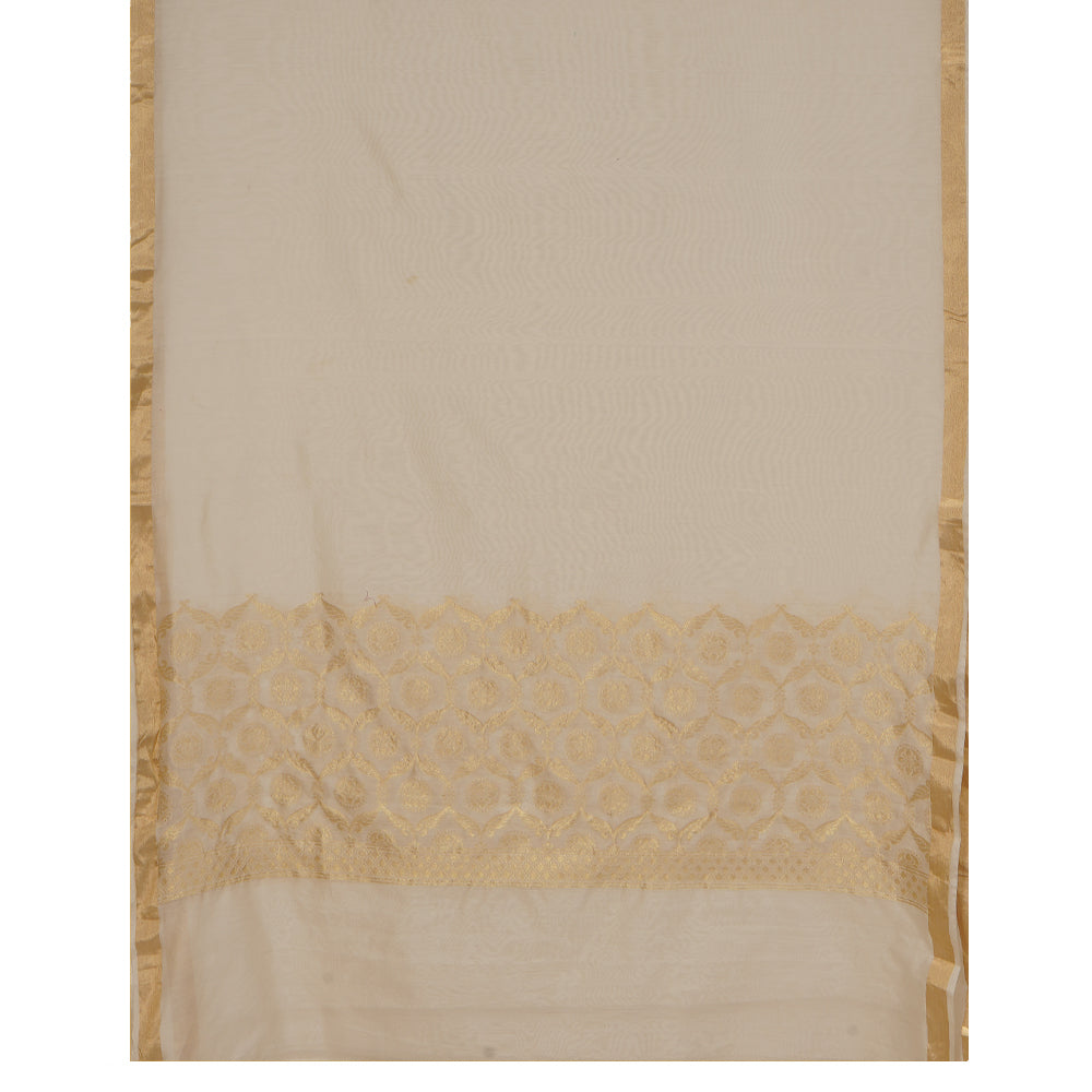 Off White Color Banarasi Chanderi Unstitched Suit Set (Top & Dupatta)