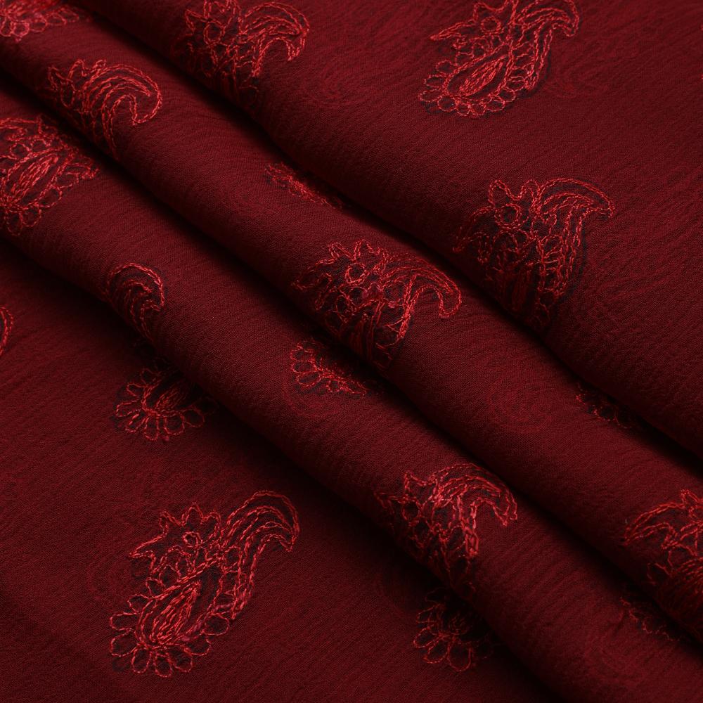 Red-Maroon Color Embroidered Chiffon Silk Fabric