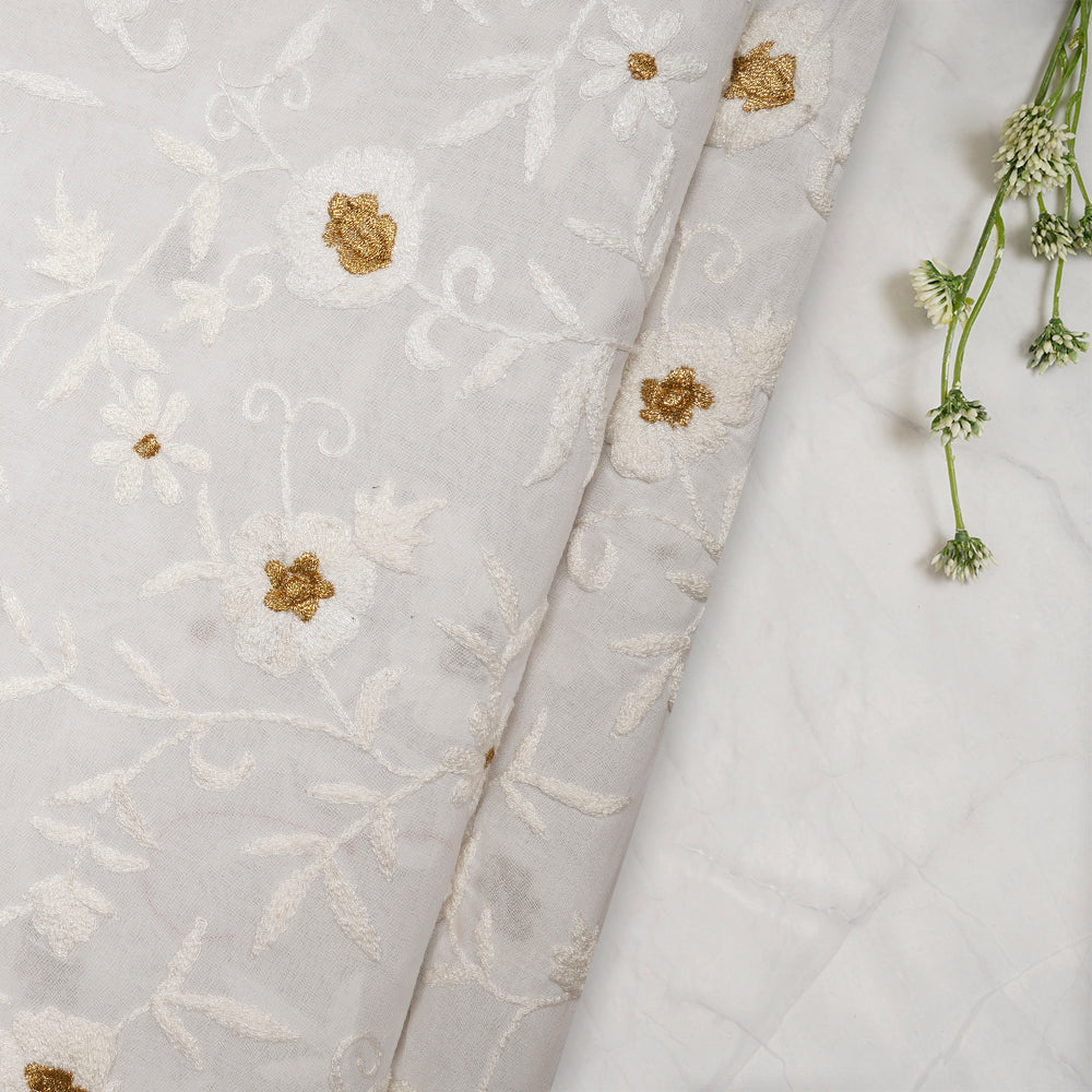 White Color Embroidered Woven Cotton Fabric
