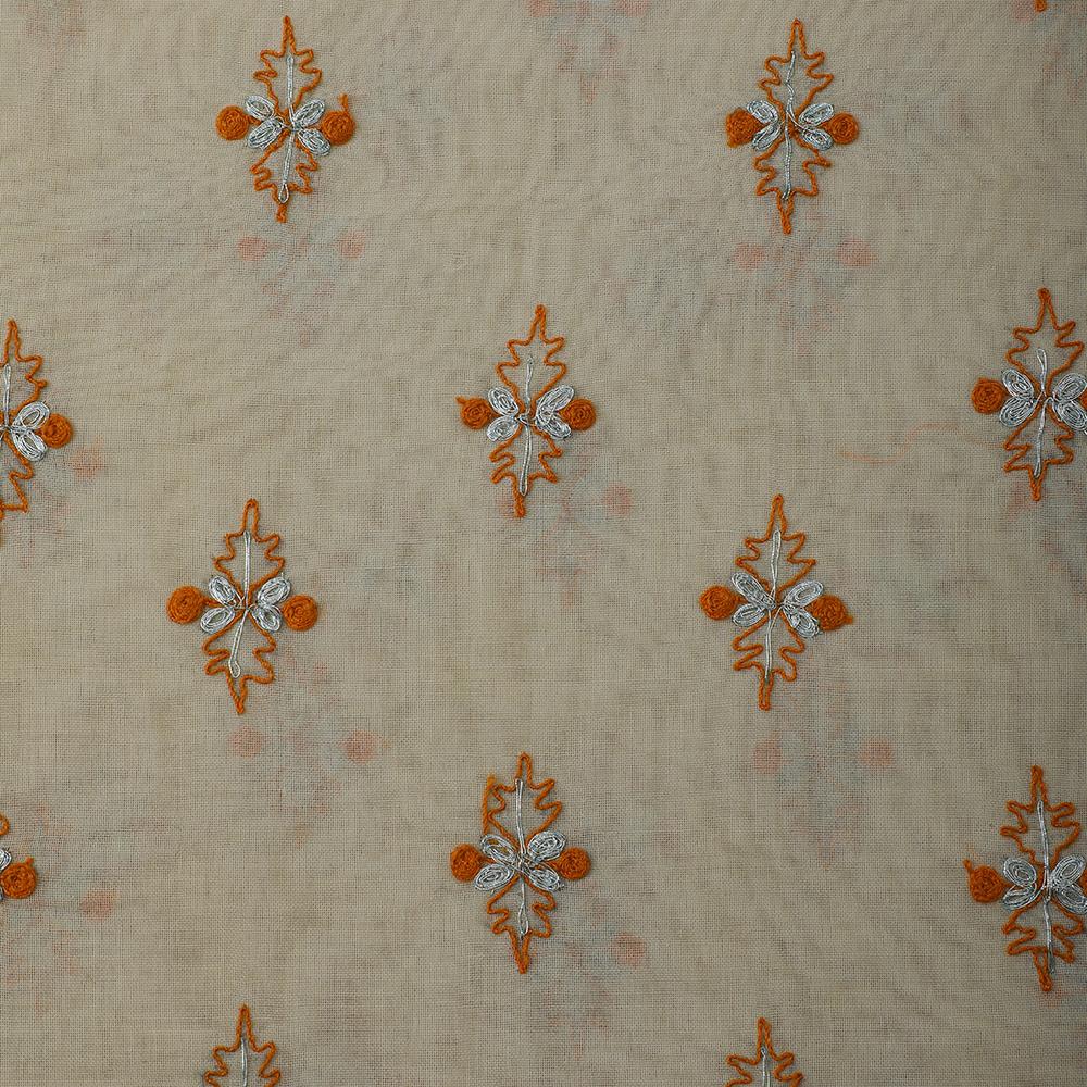 Cream-Mustard Color Embroidered Cotton Voile Fabric