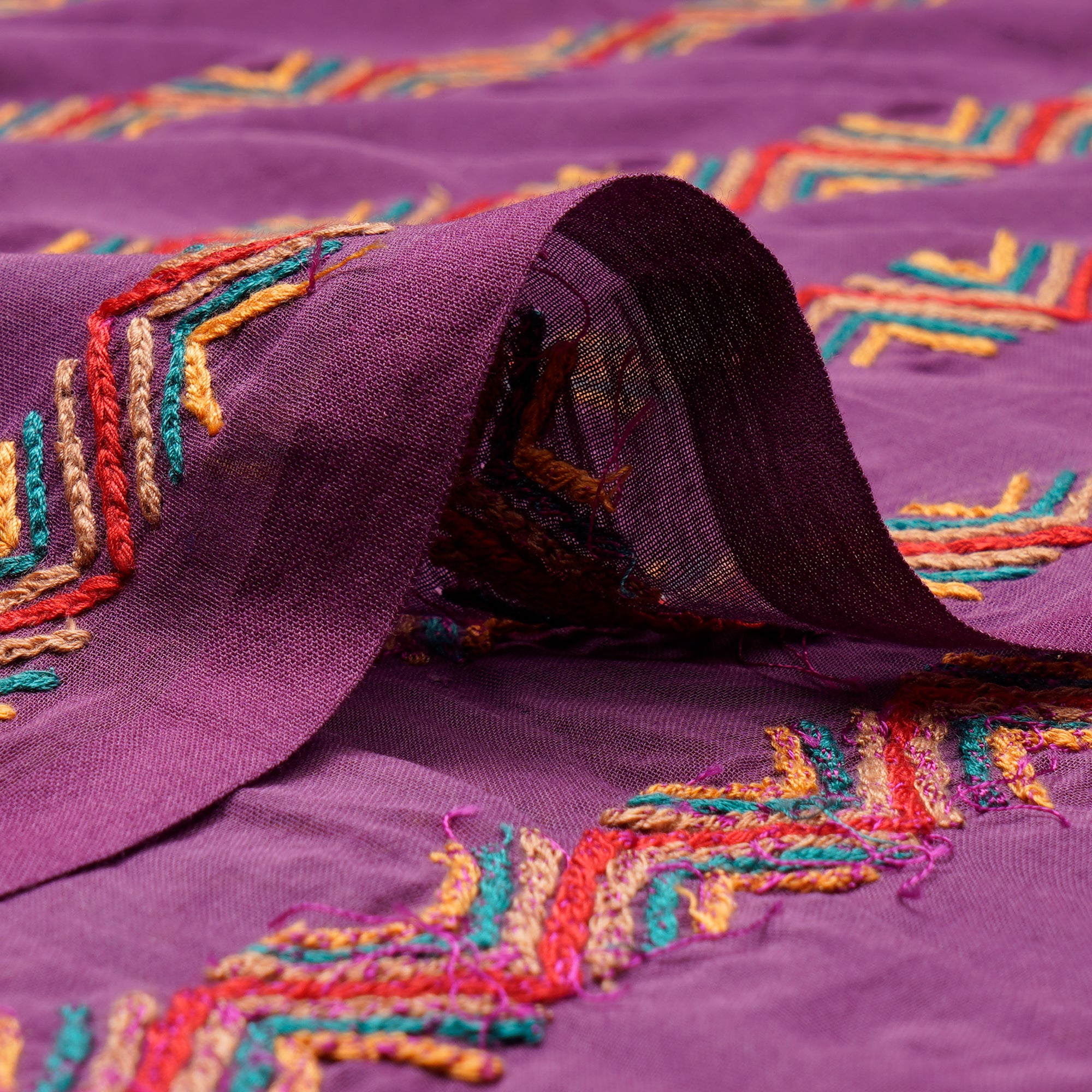 Purple Stripe Pattern Thread Embroidered Cotton Voile Fabric