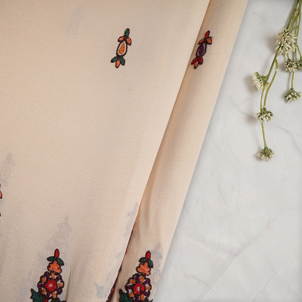 Cream Color Embroidered Matka Silk Fabric