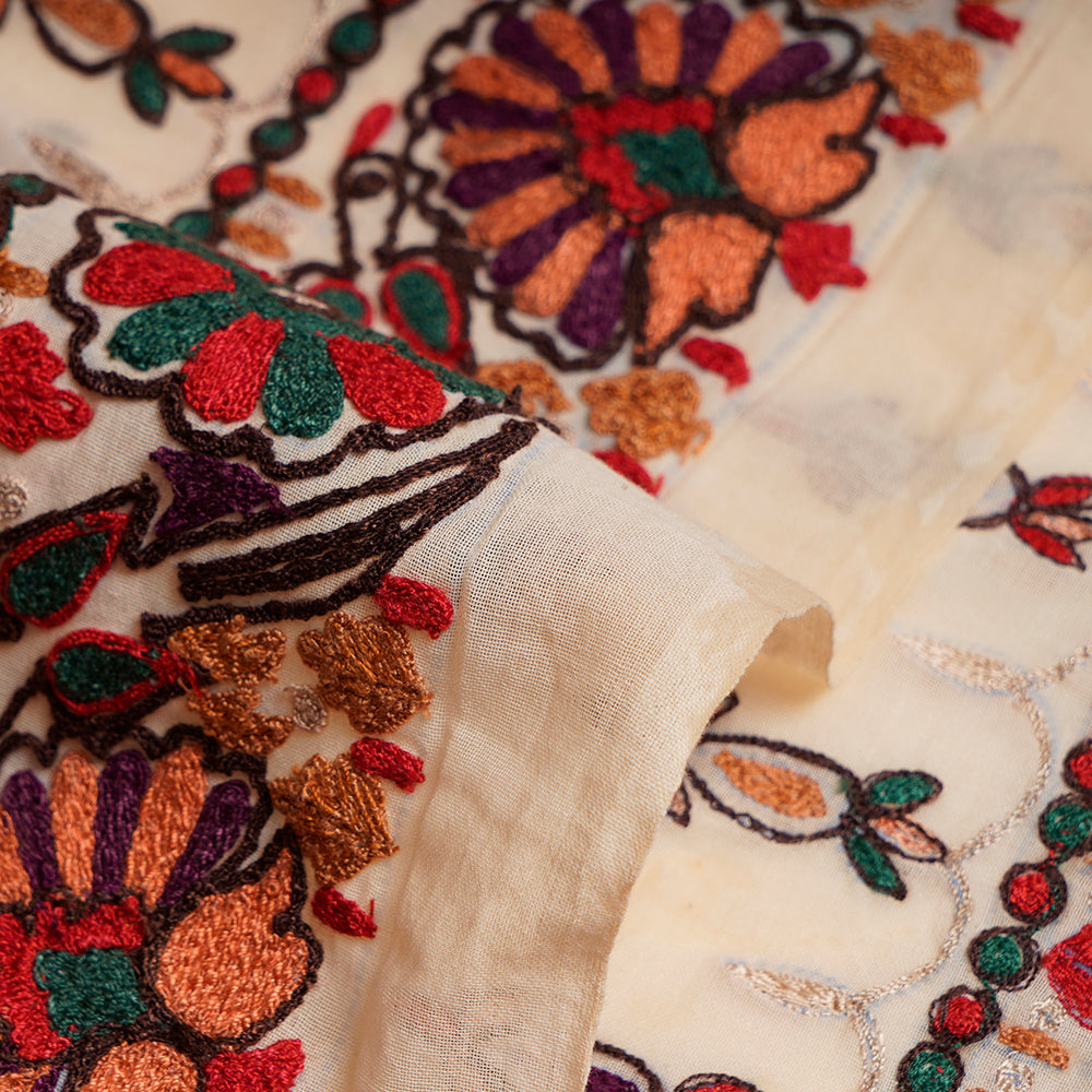 Cream Color Embroidered Matka Silk Fabric