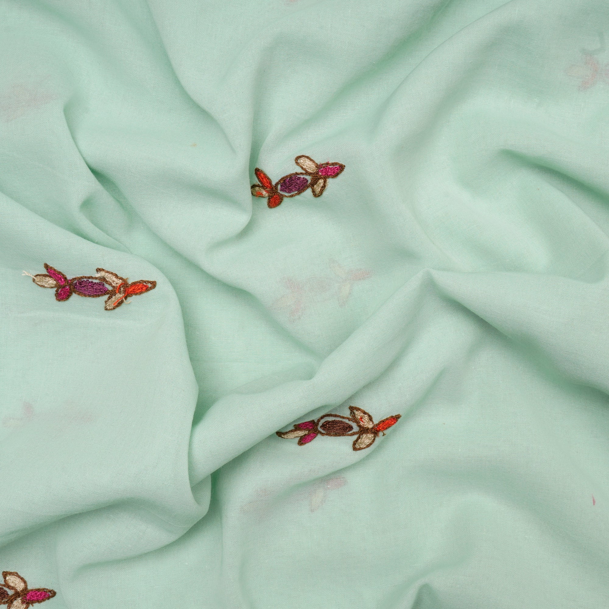 Seafoam Green-Brown Color Embroidered Cotton Voile Fabric