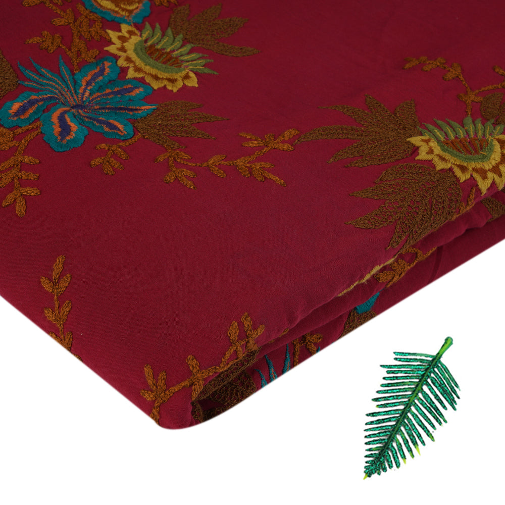Maroon Color Embroidered Cotton Voile Fabric