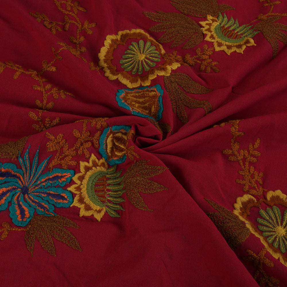 Maroon Color Embroidered Cotton Voile Fabric