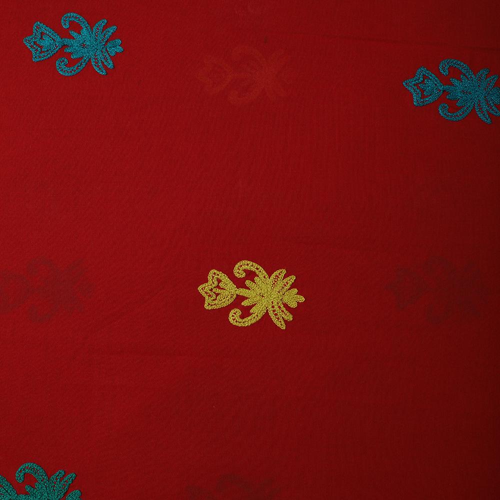 Maroon-Yellow Color Embroidered Cotton Voile Fabric