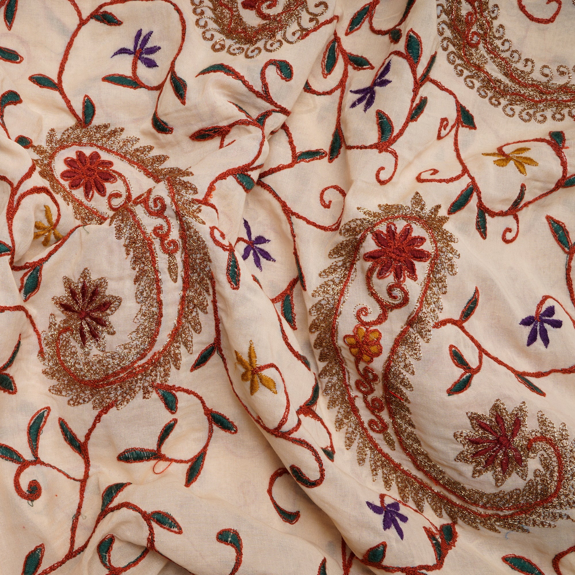 Cream Color Embroidered High Twisted Cotton Voile Fabric