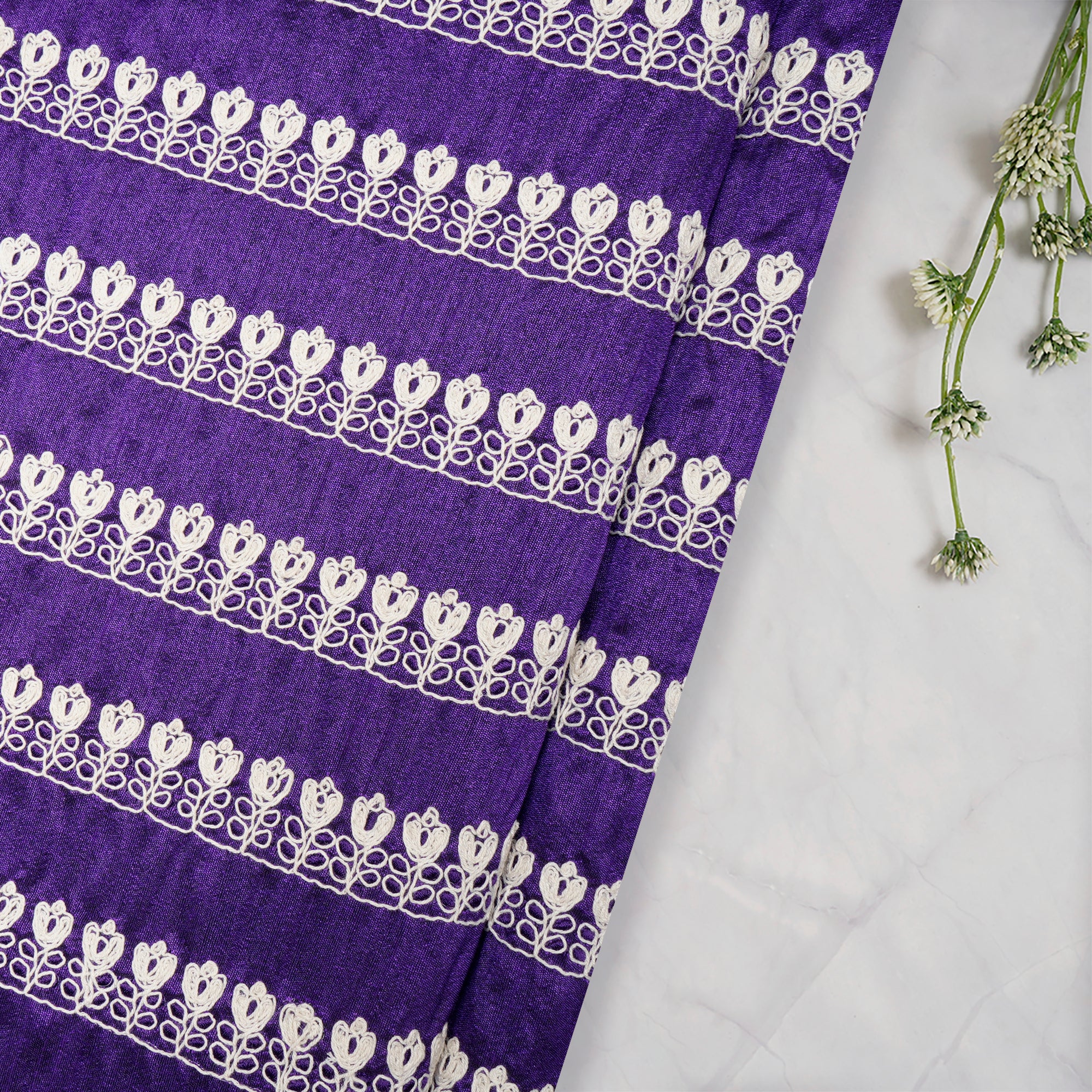 Purple Color Embroidered Border Design Polyester Fabric