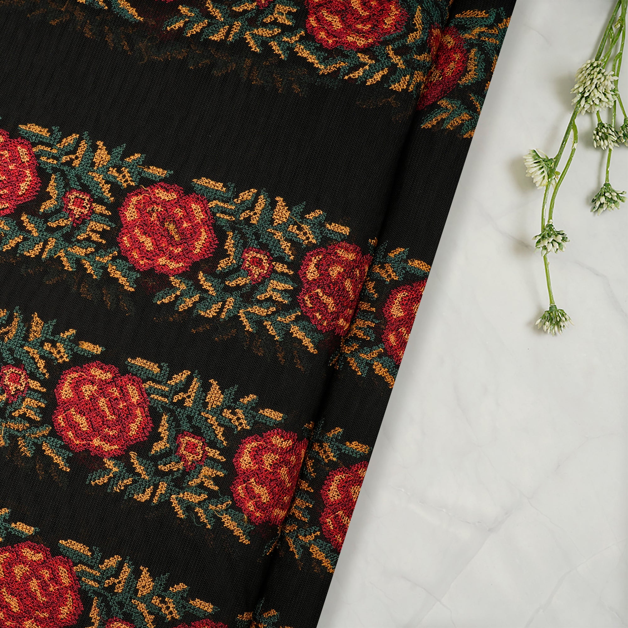 Black Floral Pattern Thread Embroidered Nylon Net fabric