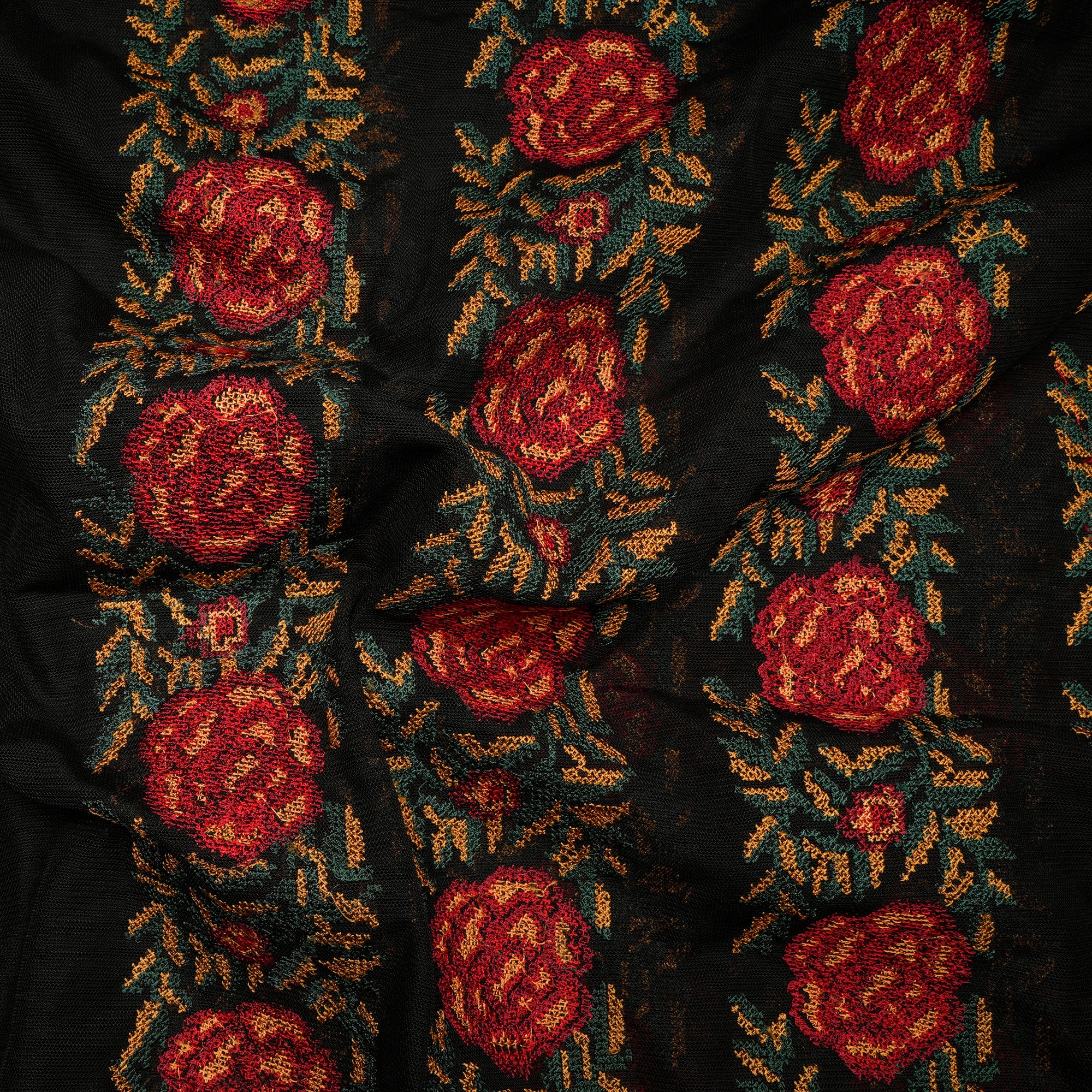 Black Floral Pattern Thread Embroidered Nylon Net fabric