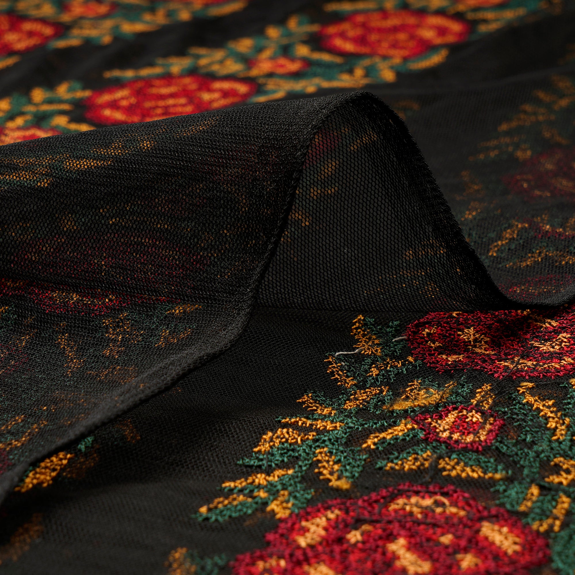 Black Floral Pattern Thread Embroidered Nylon Net fabric