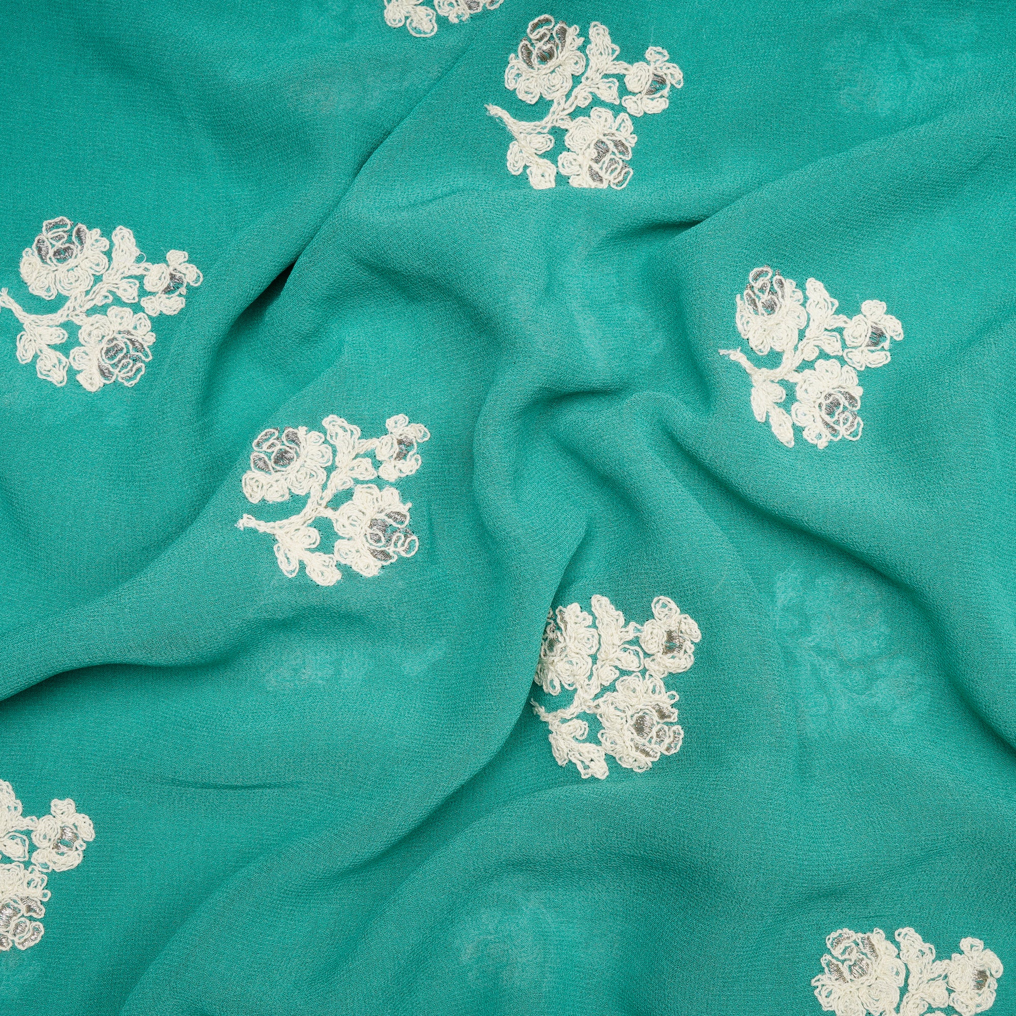 Aqua Green Color Embroidered Georgette Silk Fabric