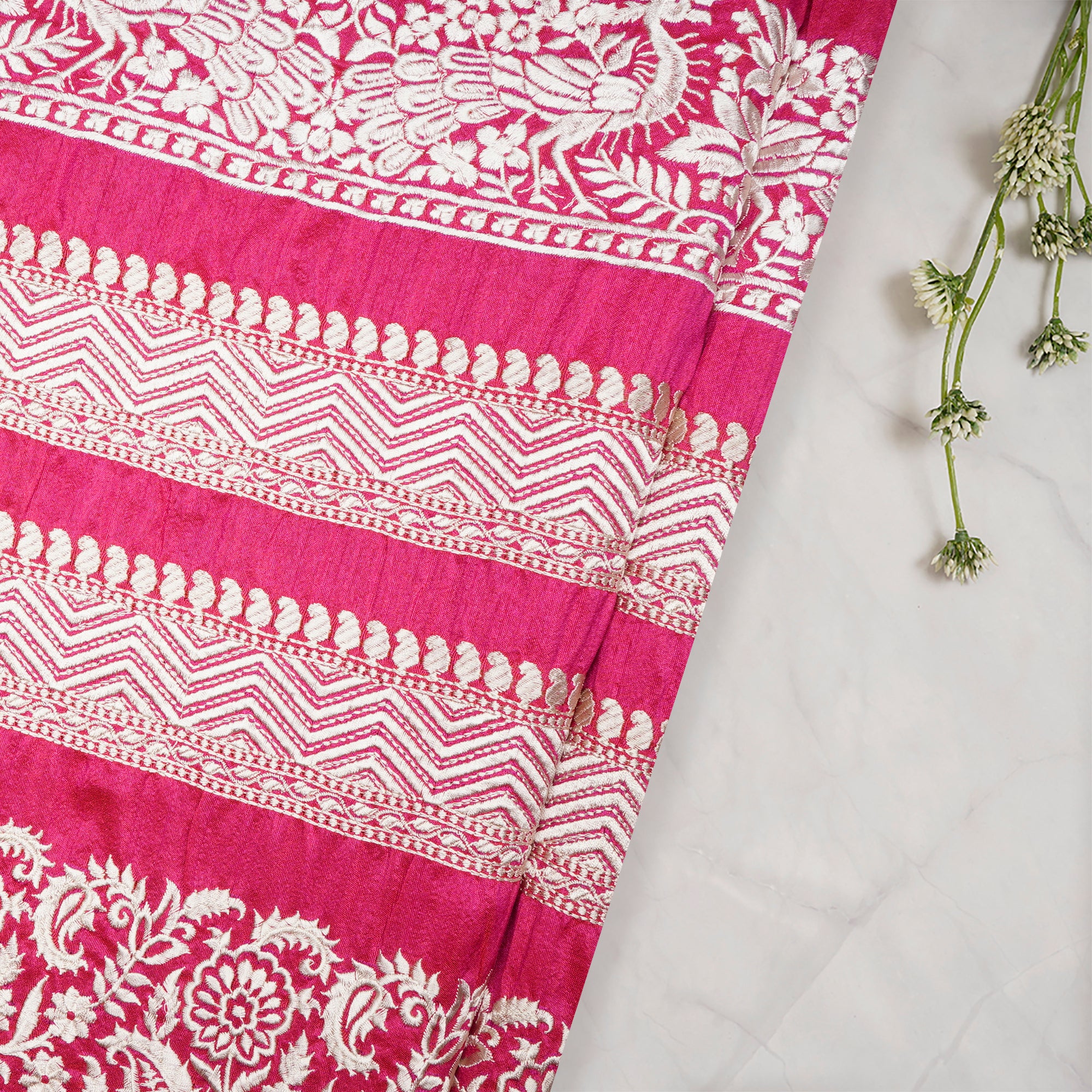 Pink Color Embroidered Border Design Polyester Fabric