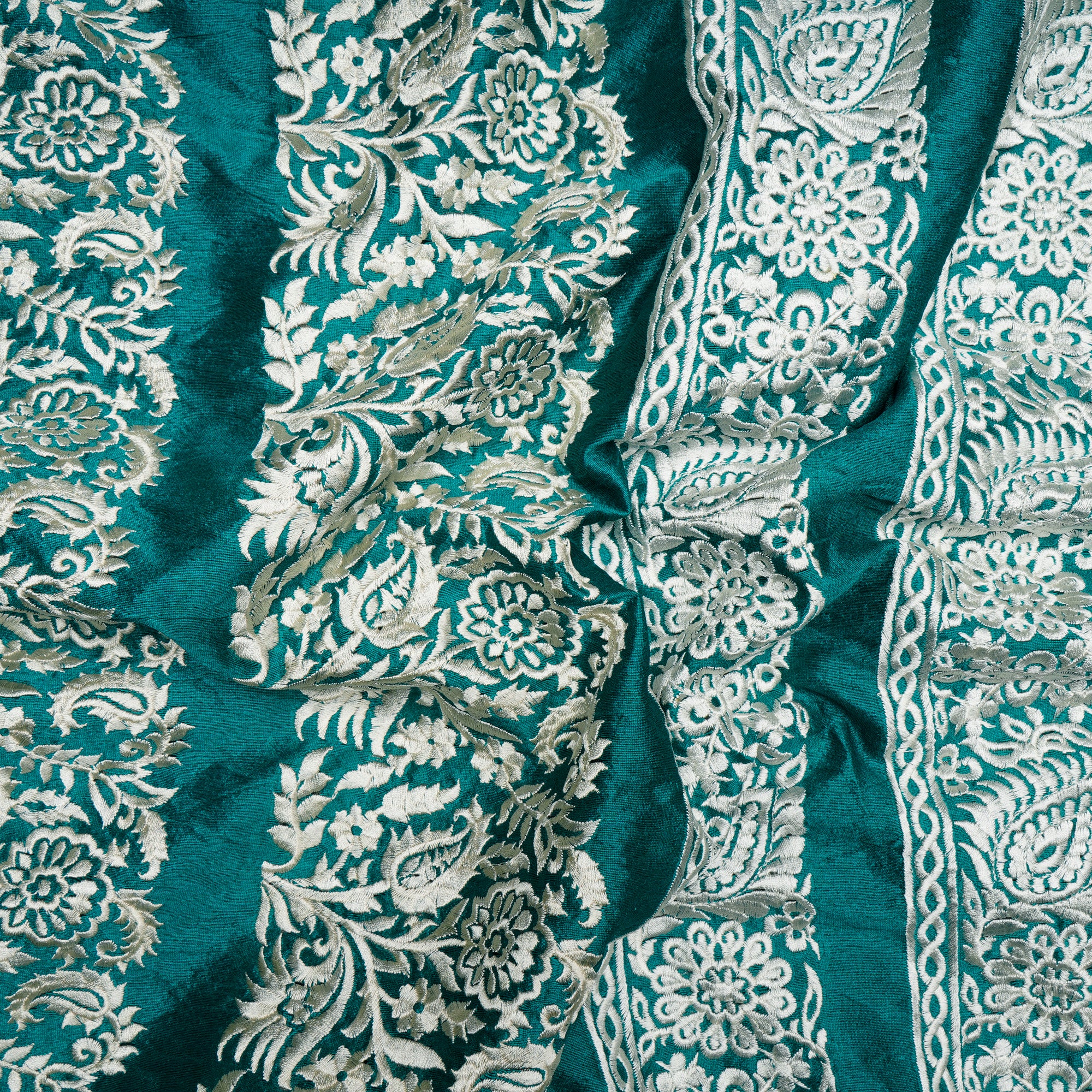 Green Color Embroidered Border Design Polyester Fabric