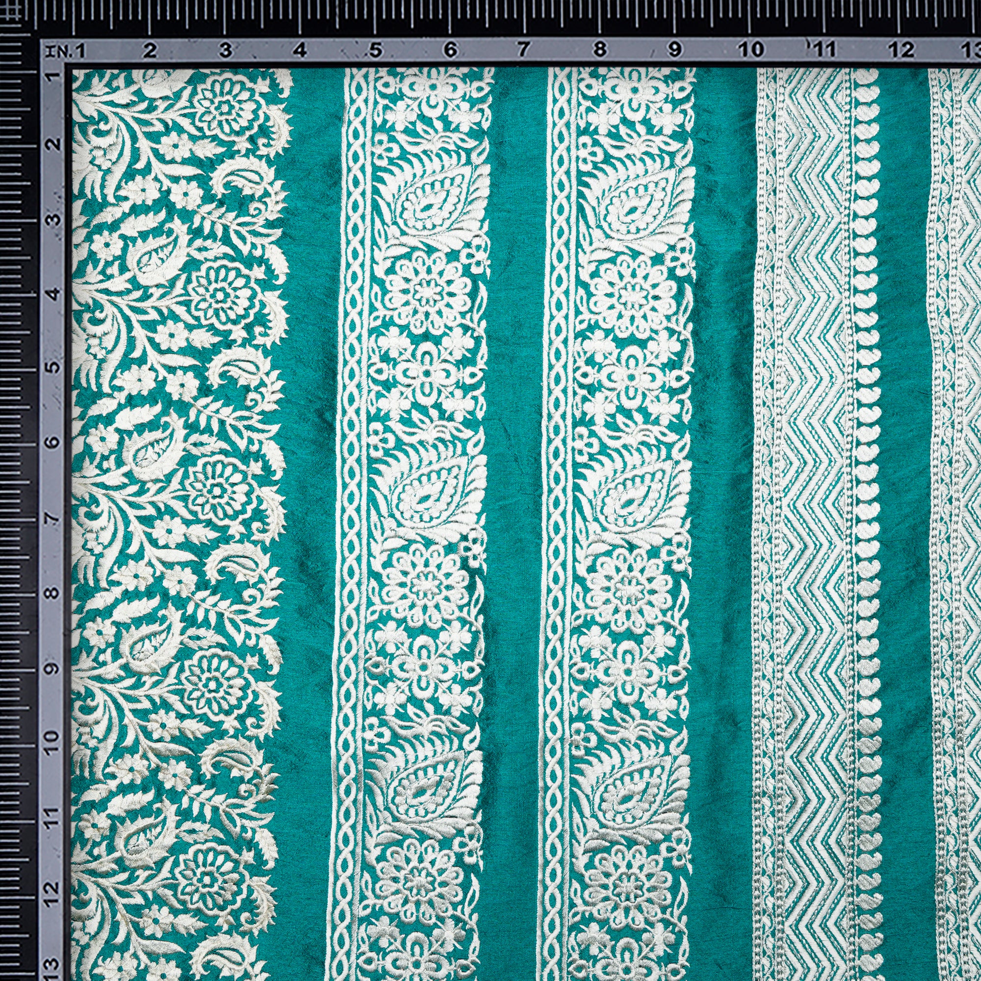 Green Color Embroidered Border Design Polyester Fabric