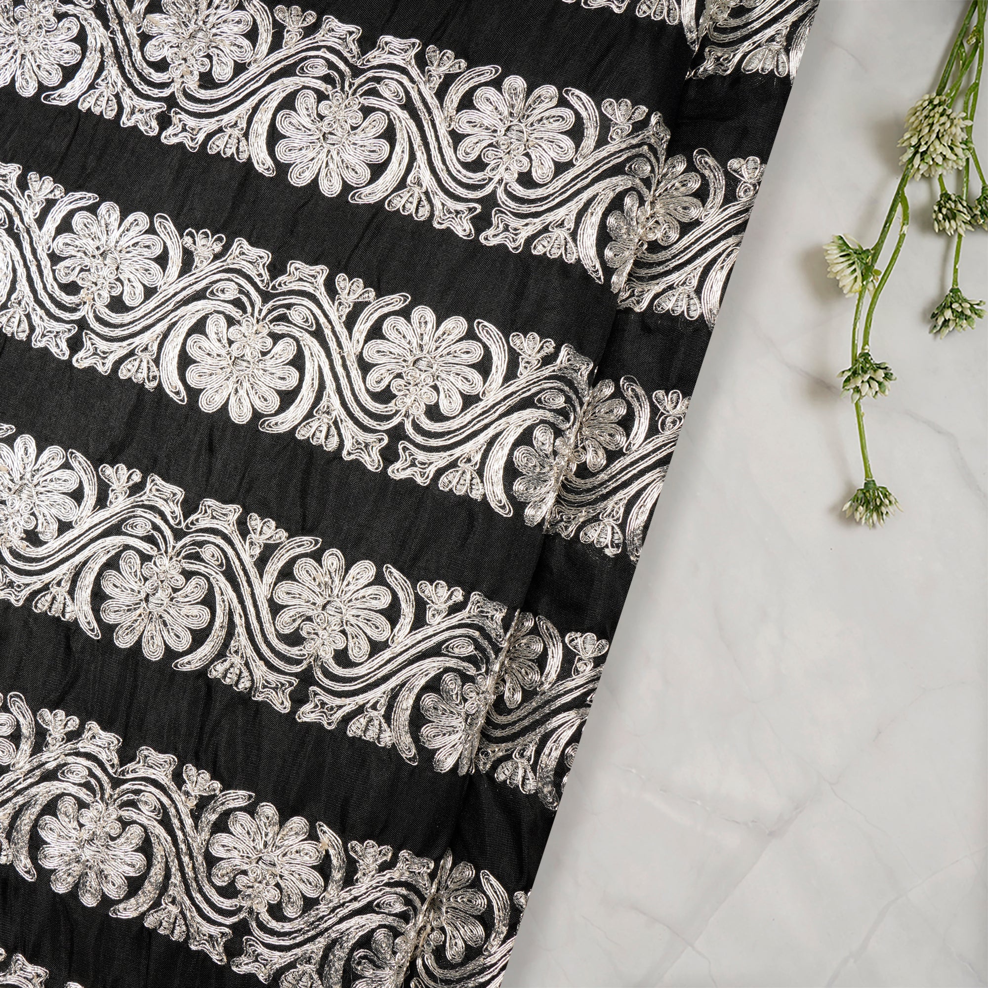 Black-Silver Color Embroidered Polyester Fabric