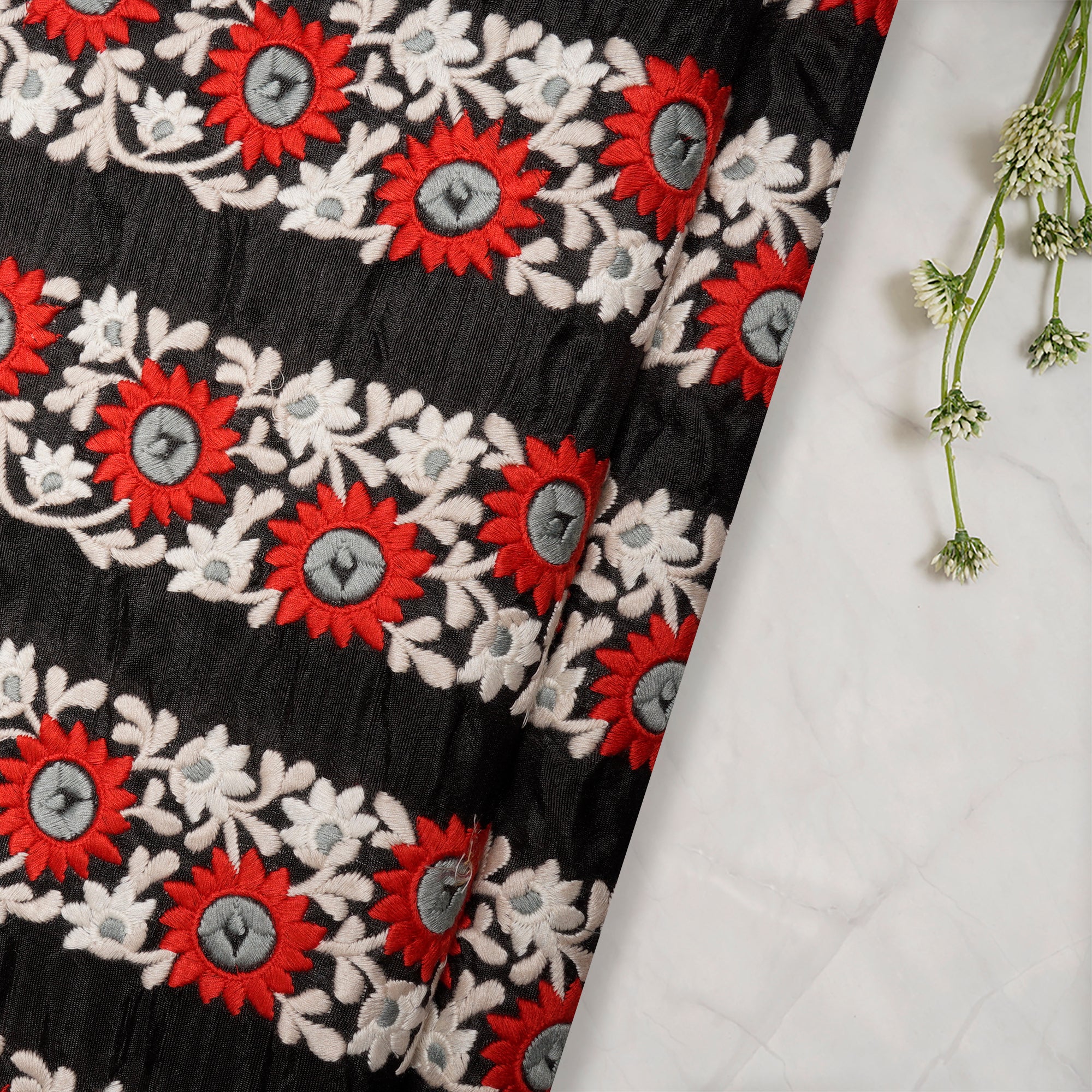 Black-Red Floral Pattern Embroidered Border Polyester Fabric