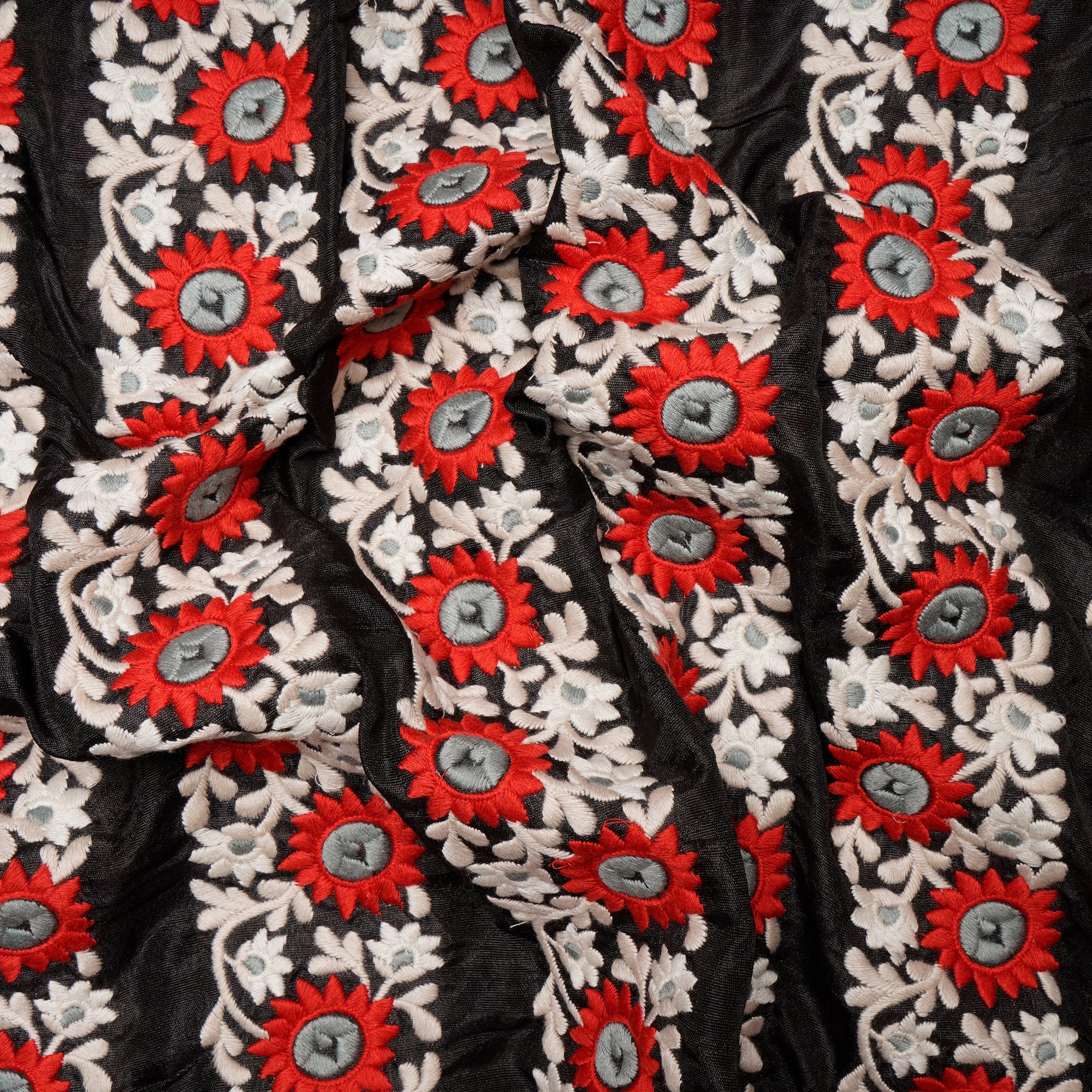 Black-Red Floral Pattern Embroidered Border Polyester Fabric