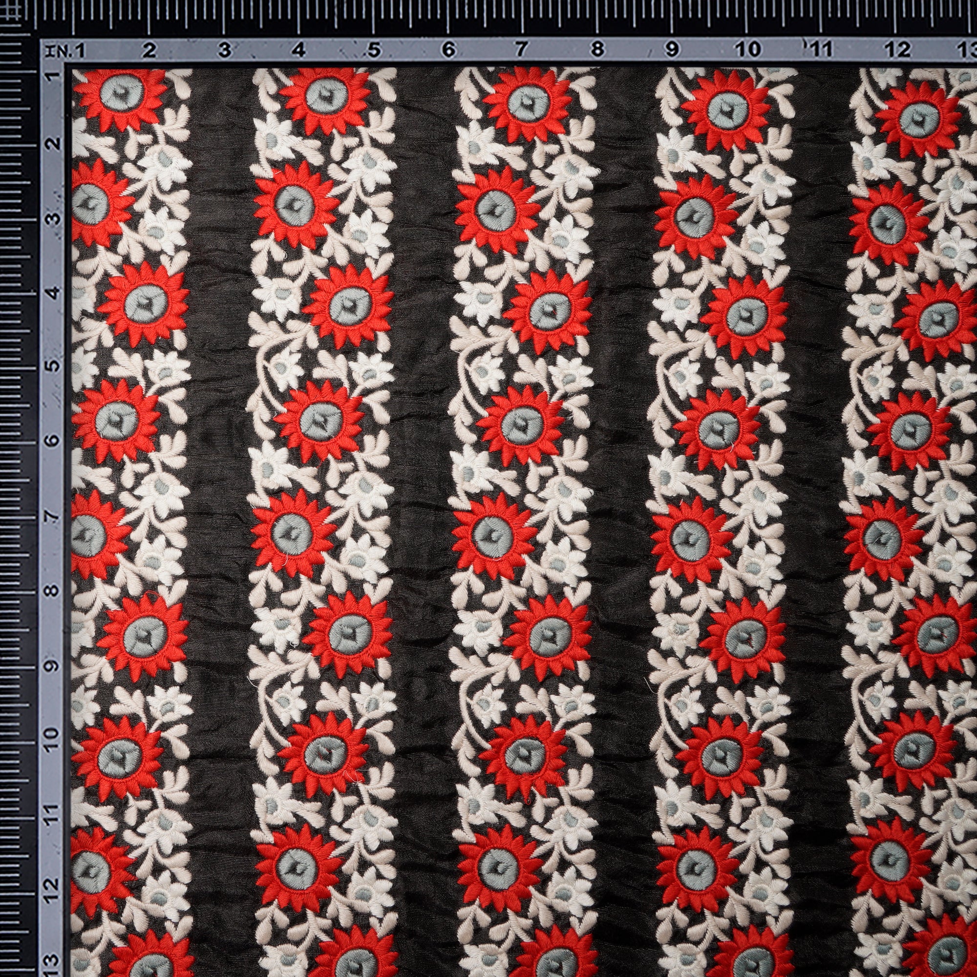 Black-Red Floral Pattern Embroidered Border Polyester Fabric