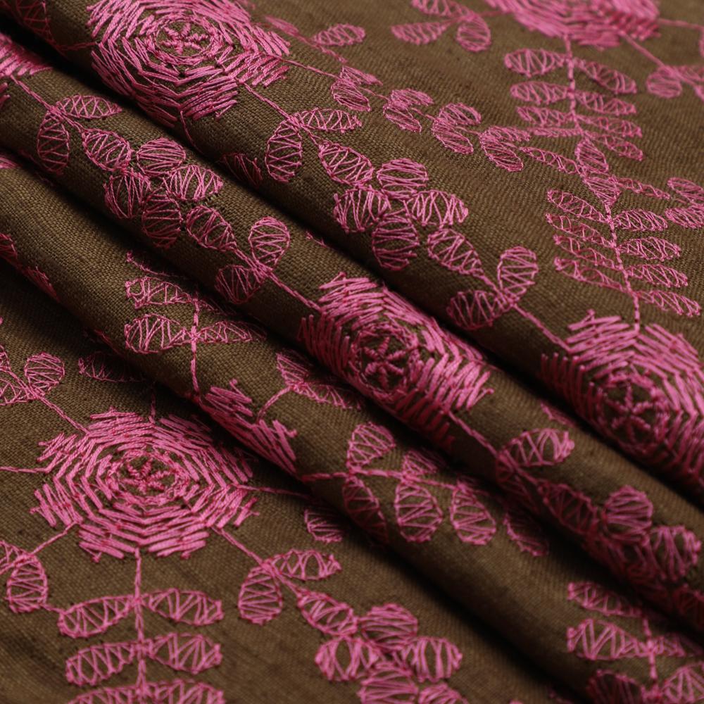 Brown-Hot Pink Color Embroidered Matka Silk Fabric