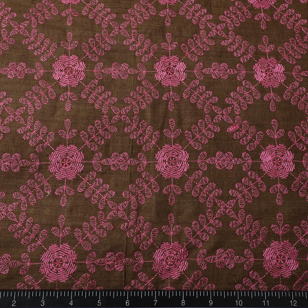 Brown-Hot Pink Color Embroidered Matka Silk Fabric