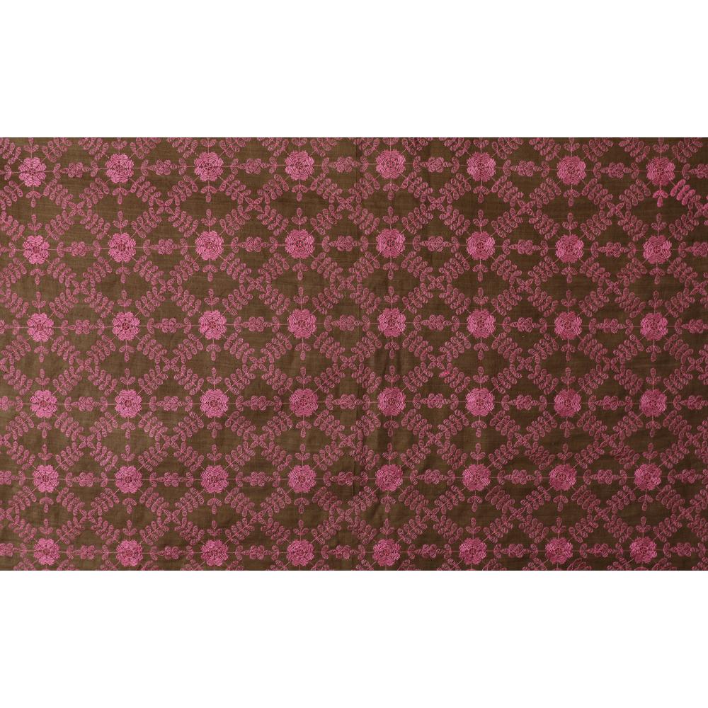 Brown-Hot Pink Color Embroidered Matka Silk Fabric