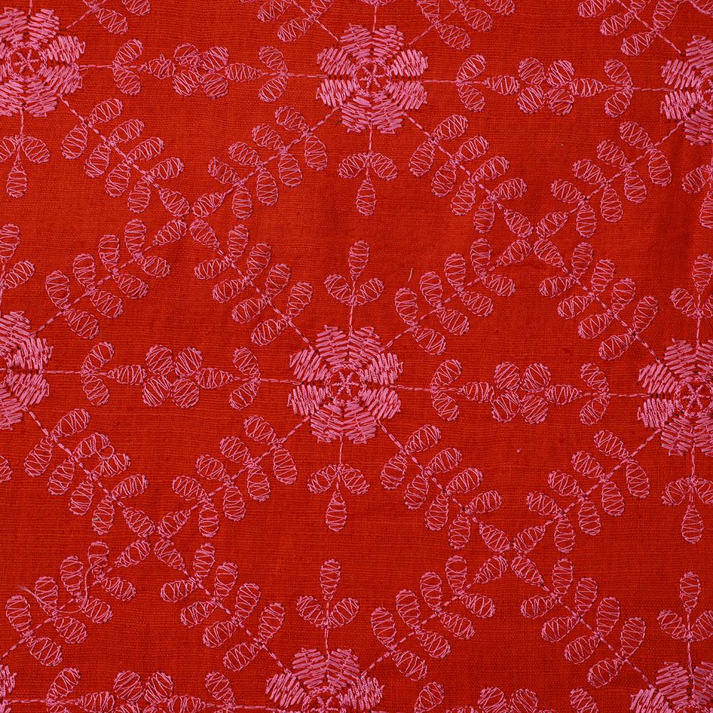 Red-Hot Pink Color Embroidered Matka Silk Fabric