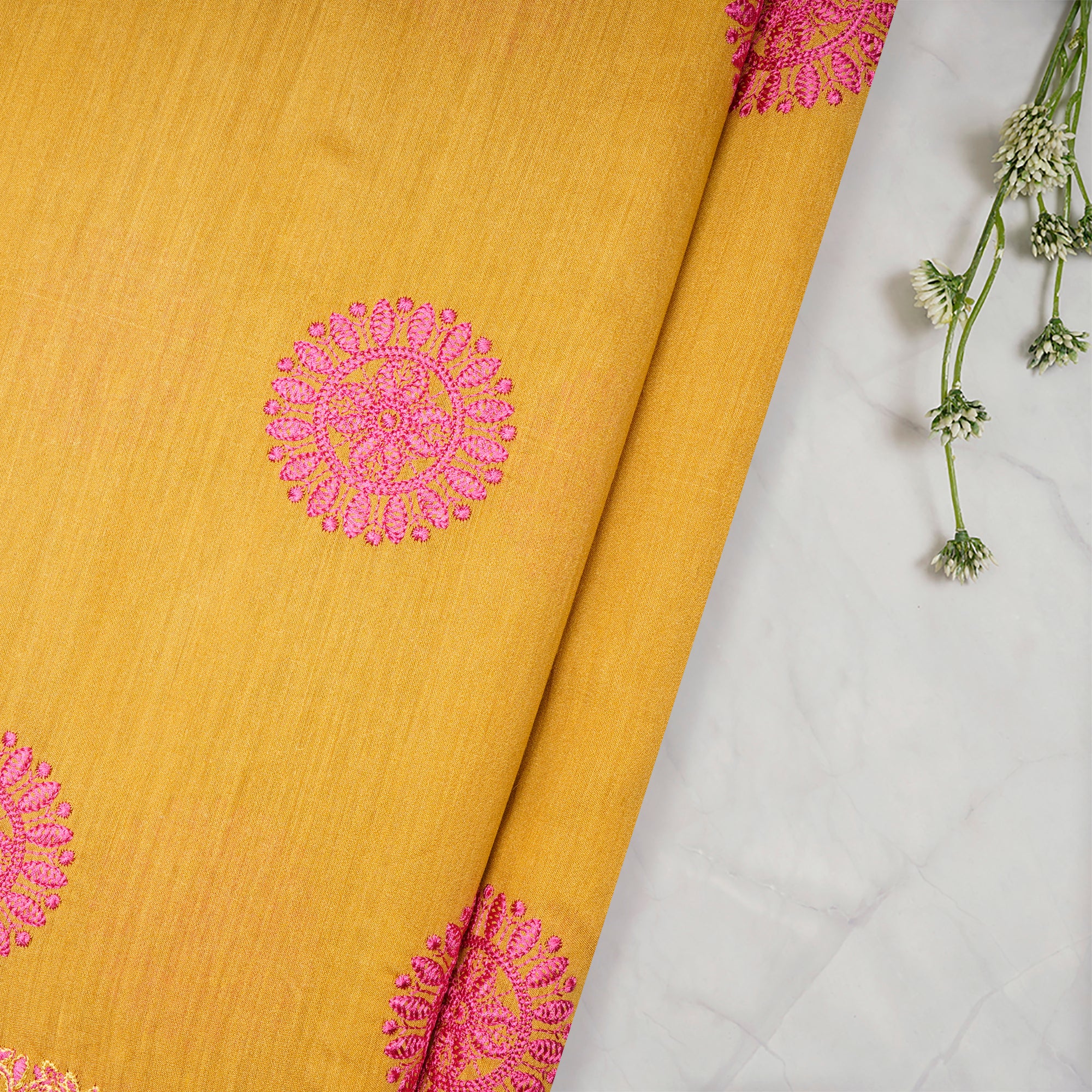 Tuscany Yellow-Pink Color Embroidered Natural Silk Fabric