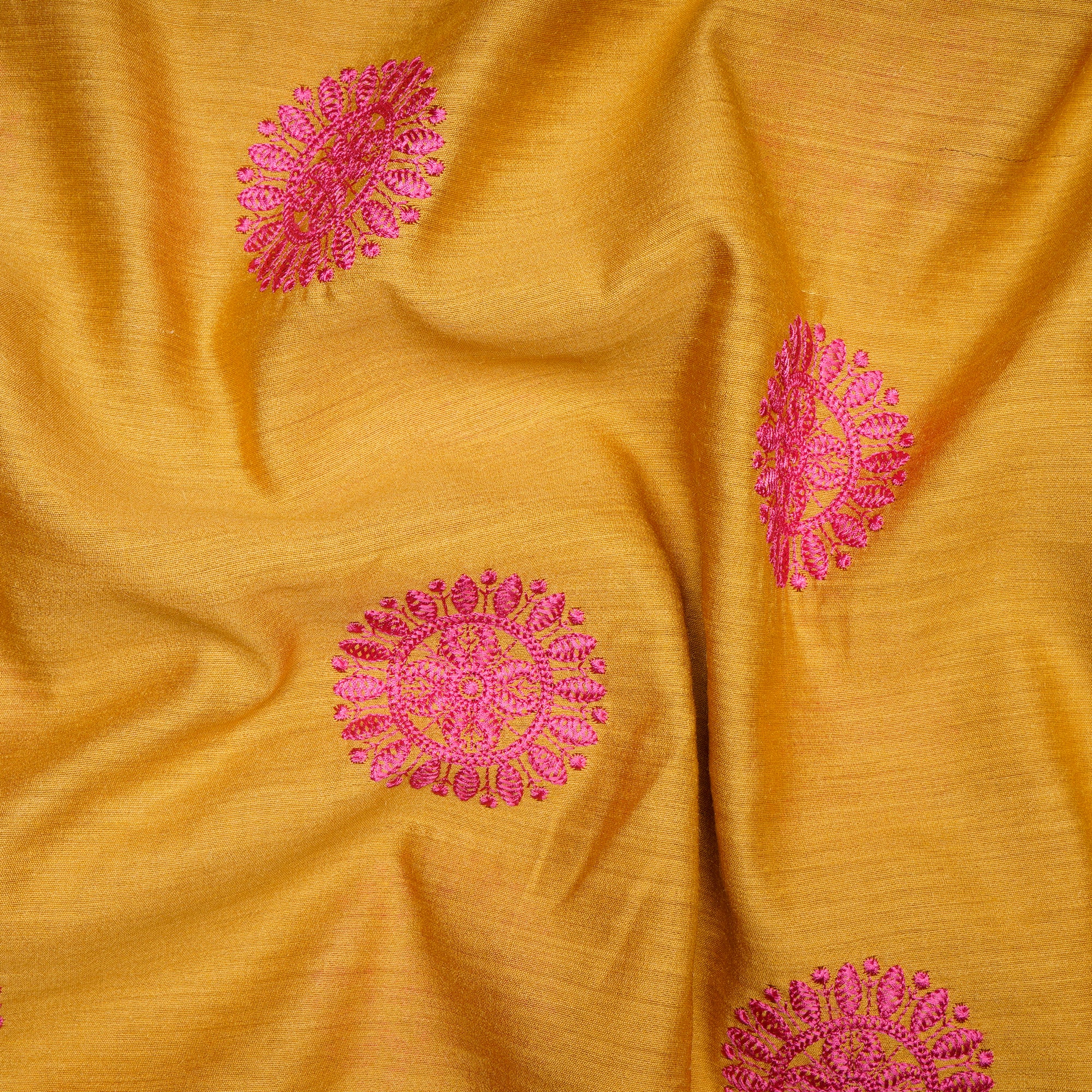 Tuscany Yellow-Pink Color Embroidered Natural Silk Fabric