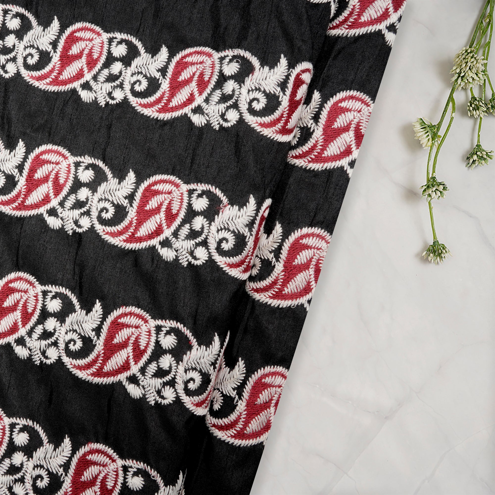 Black-White Color Embroidered Polyester Fabric