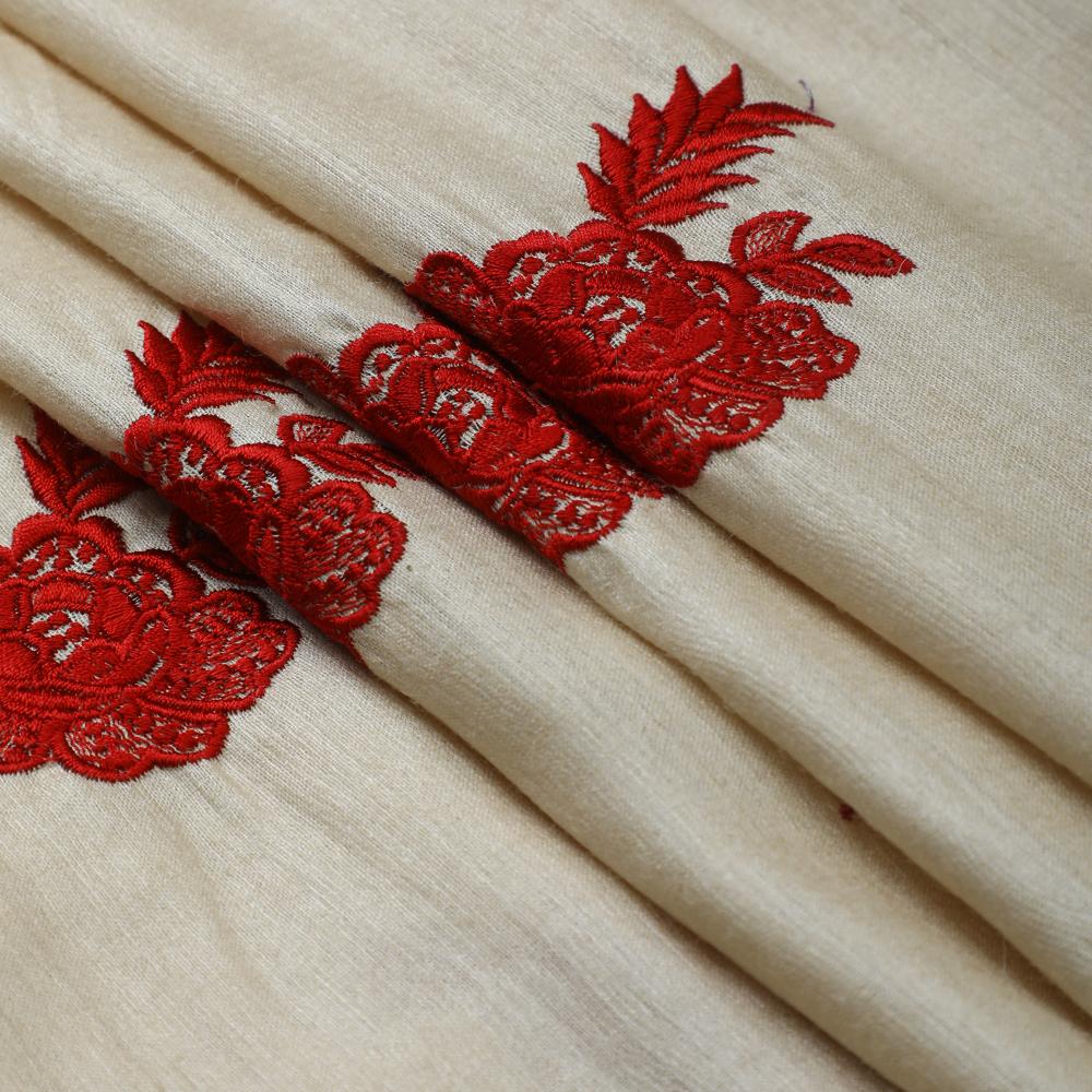 Beige-Red Color Embroidered Muga Silk Fabric